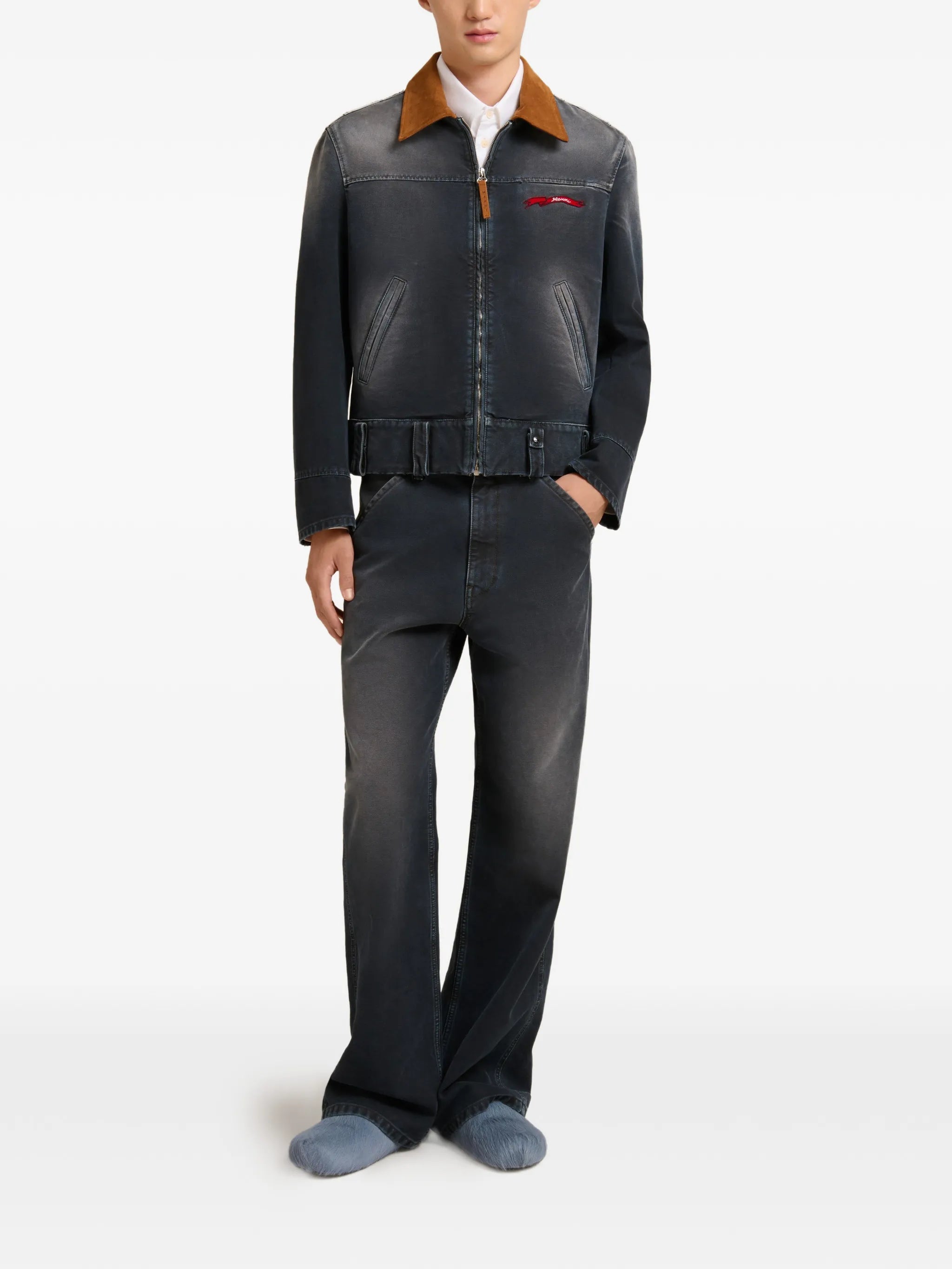 contrast suede-collar denim jacket