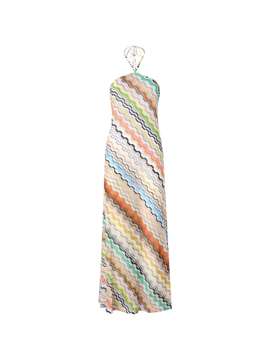 long cover-up dress with halterneck and greek motif