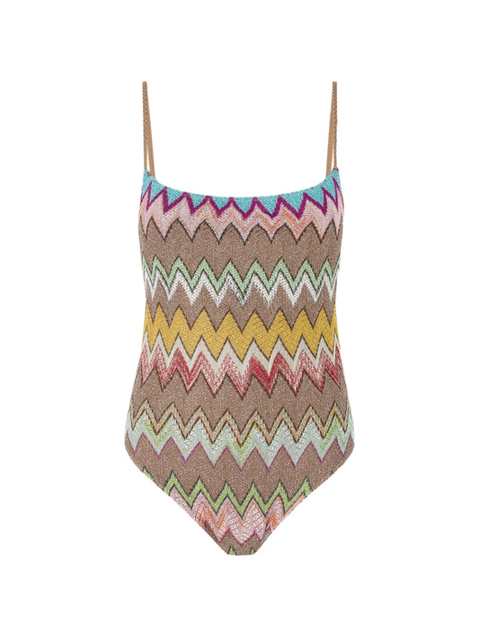 one-piece swimsuit in lamé viscose with macro zigzag pattern