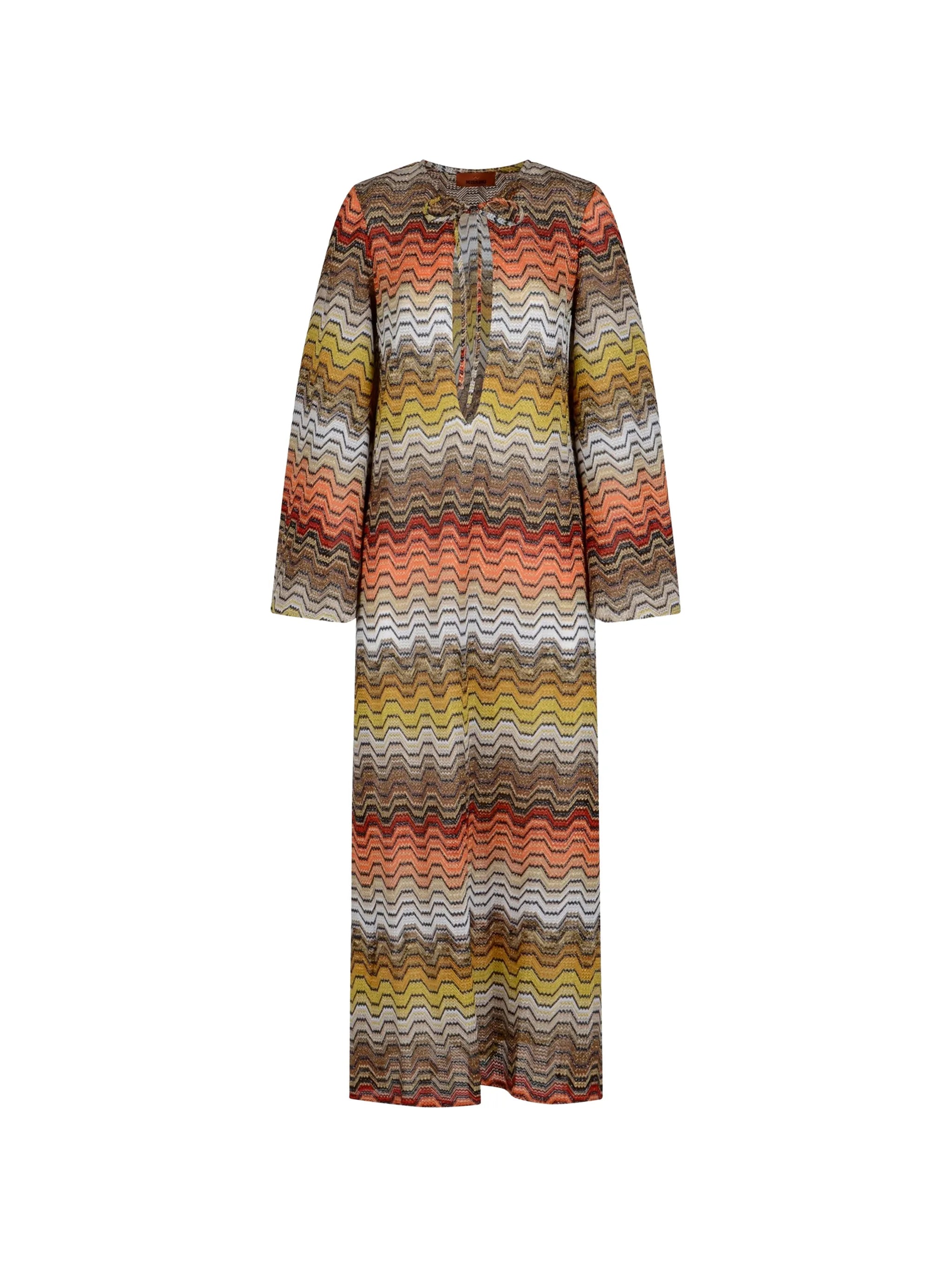 long dress with greek motif and deep V-neckline