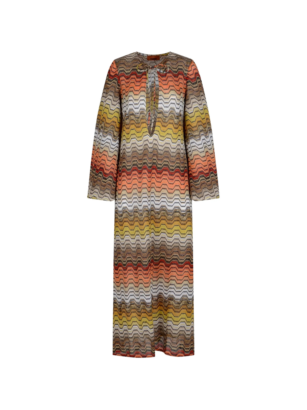 long dress with greek motif and deep V-neckline