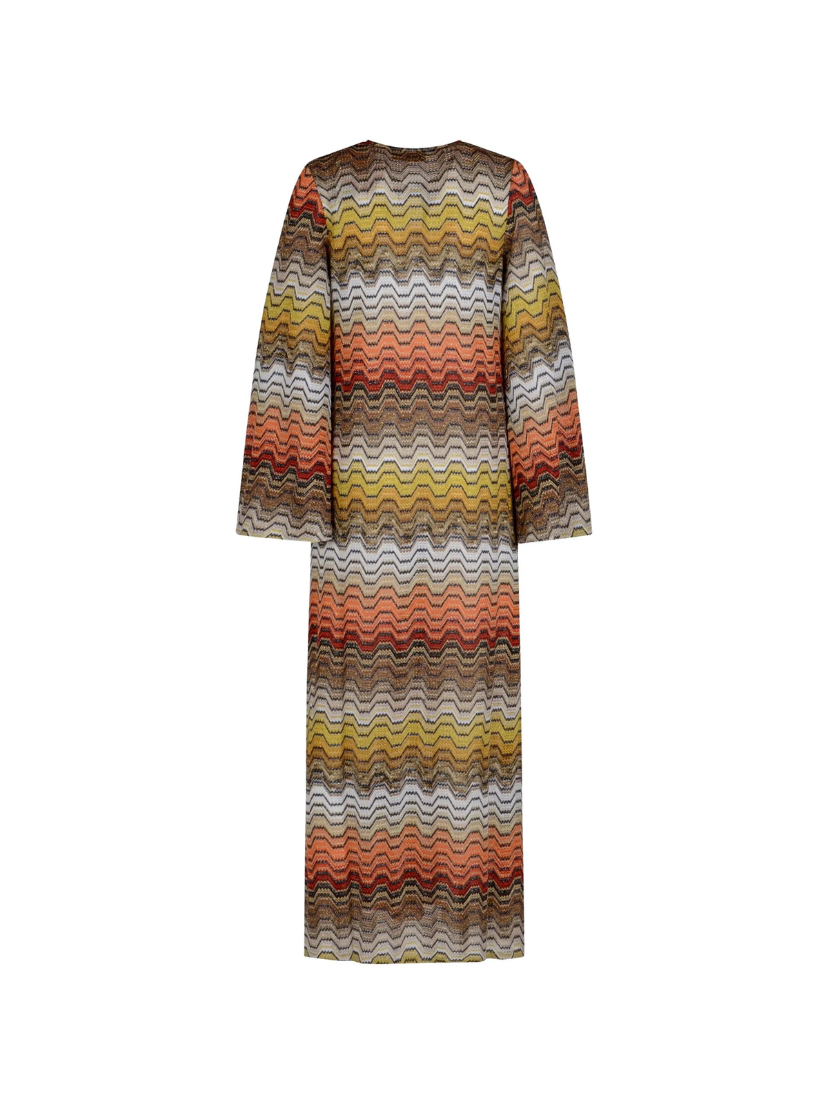 long dress with greek motif and deep V-neckline