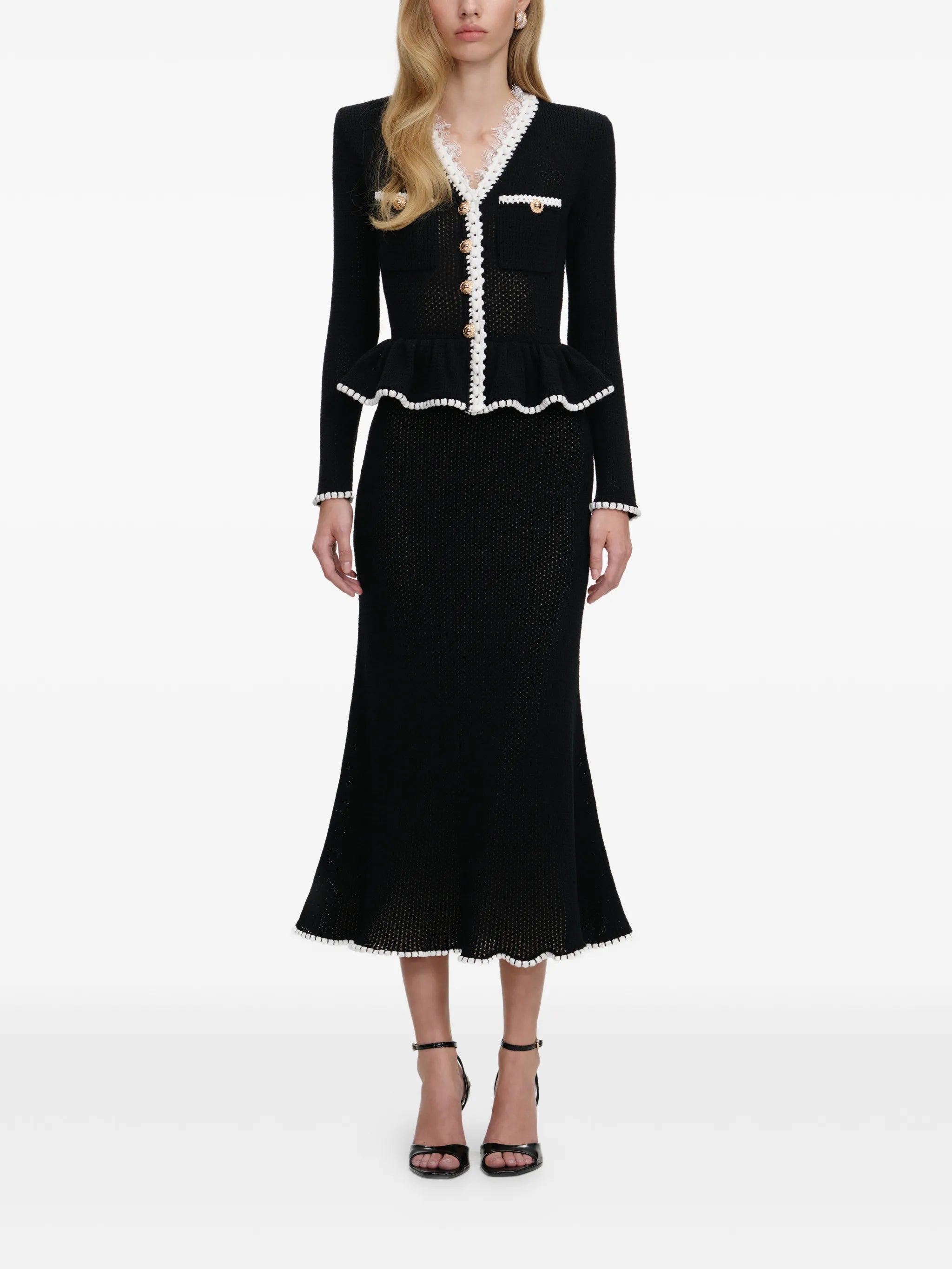 lace-trim peplum midi dress