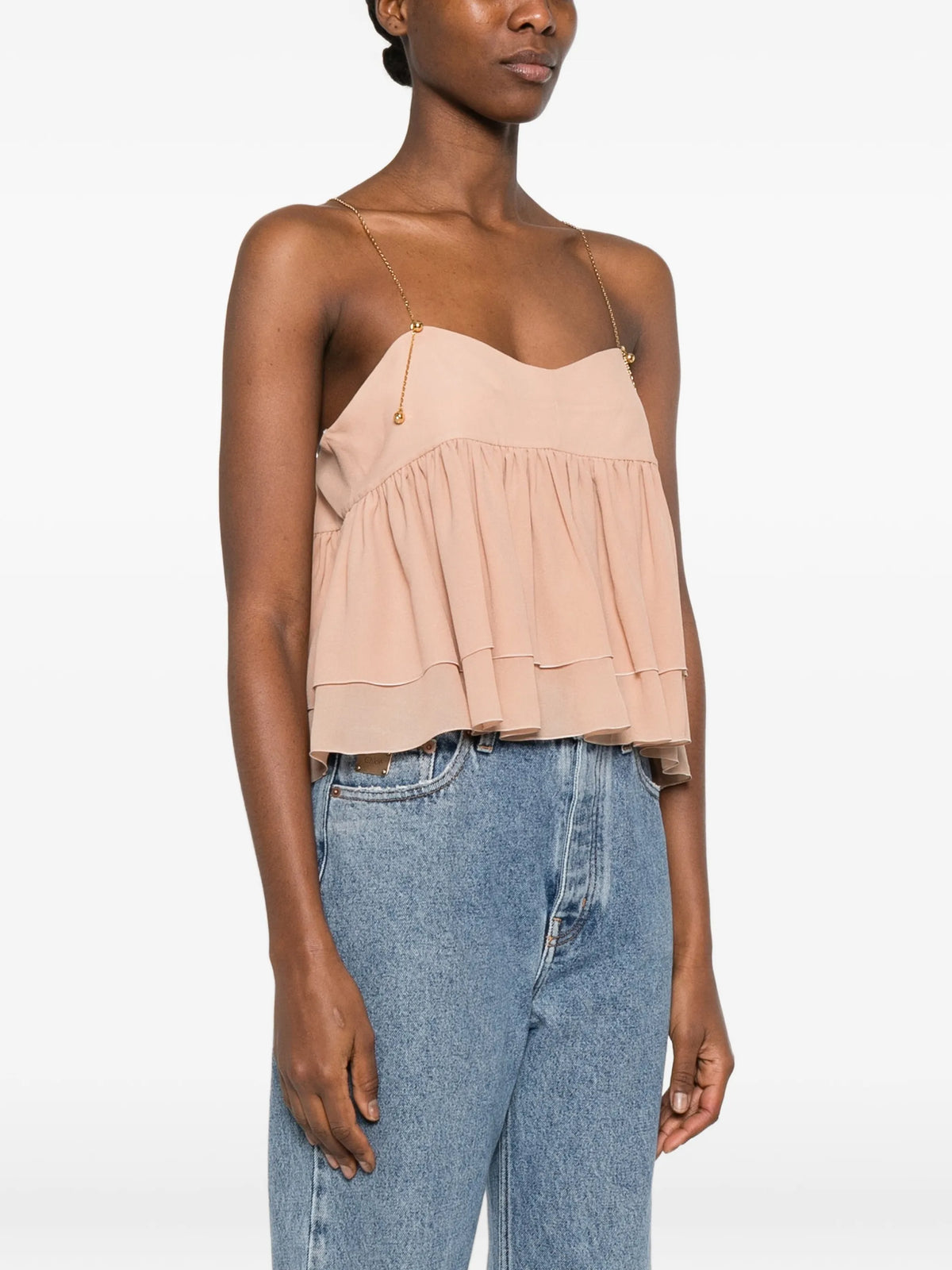 sleeveless ruffled top in silk georgette