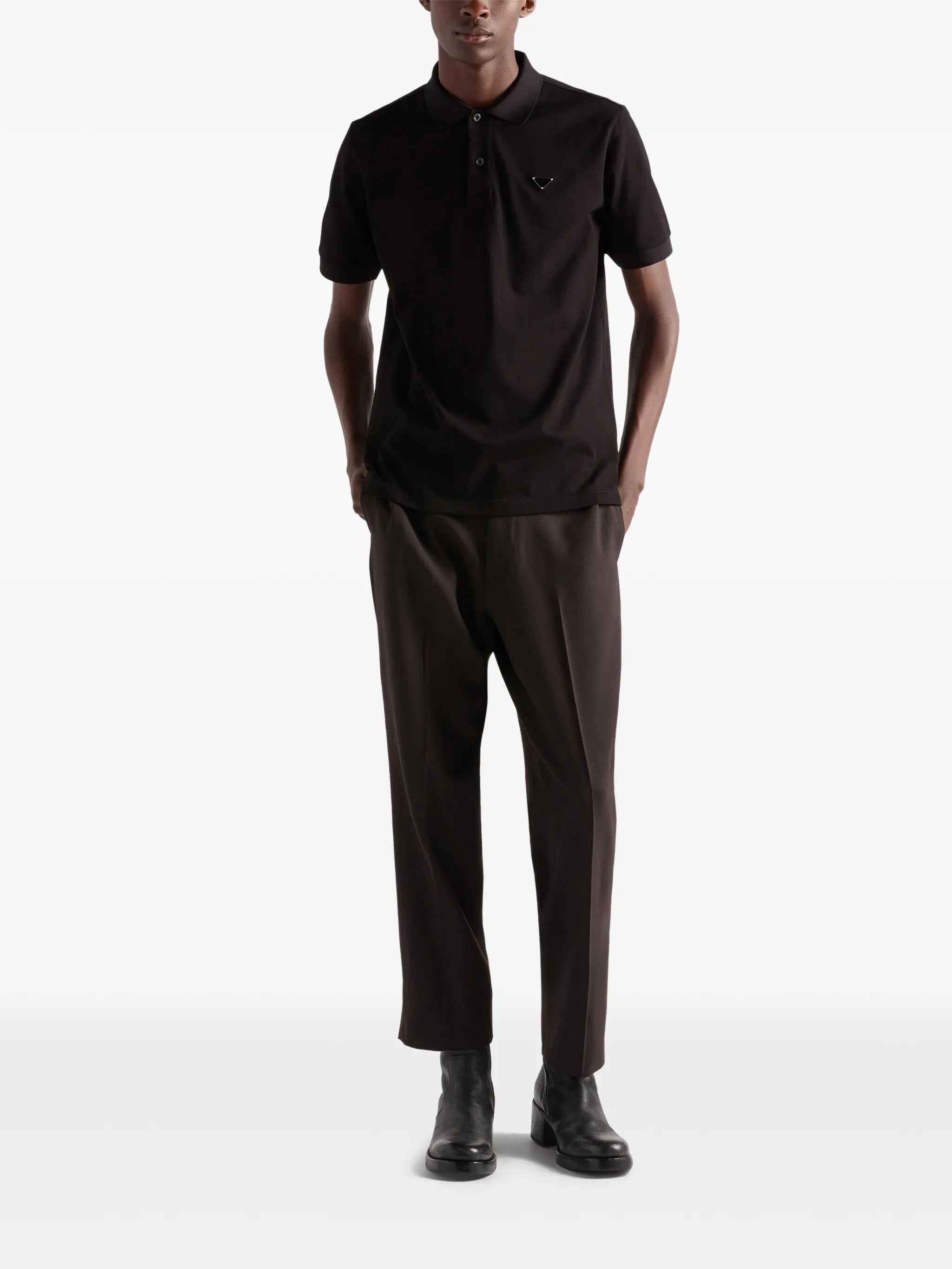 ribbed knit triangle logo polo shirt