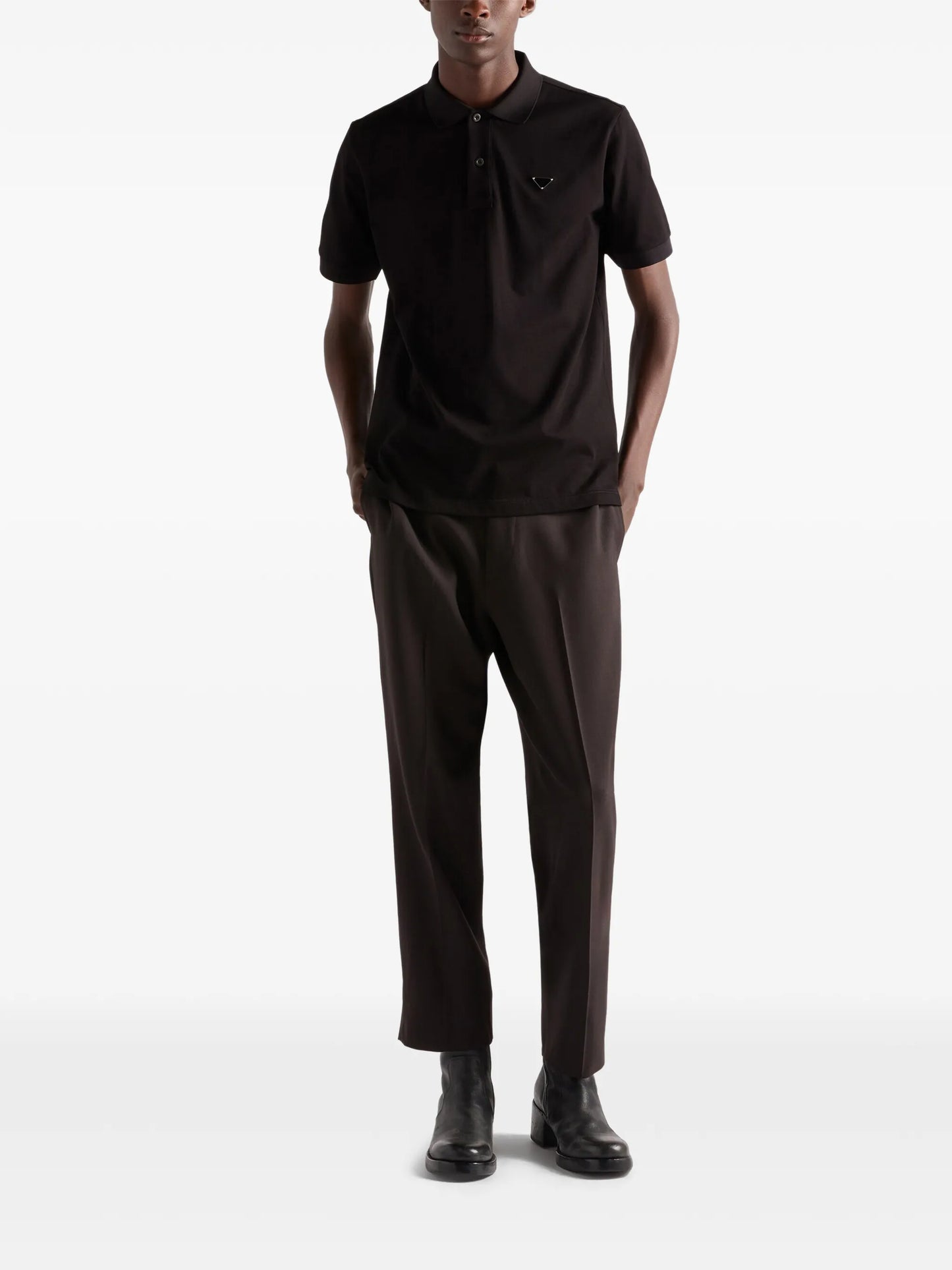 ribbed knit triangle logo polo shirt