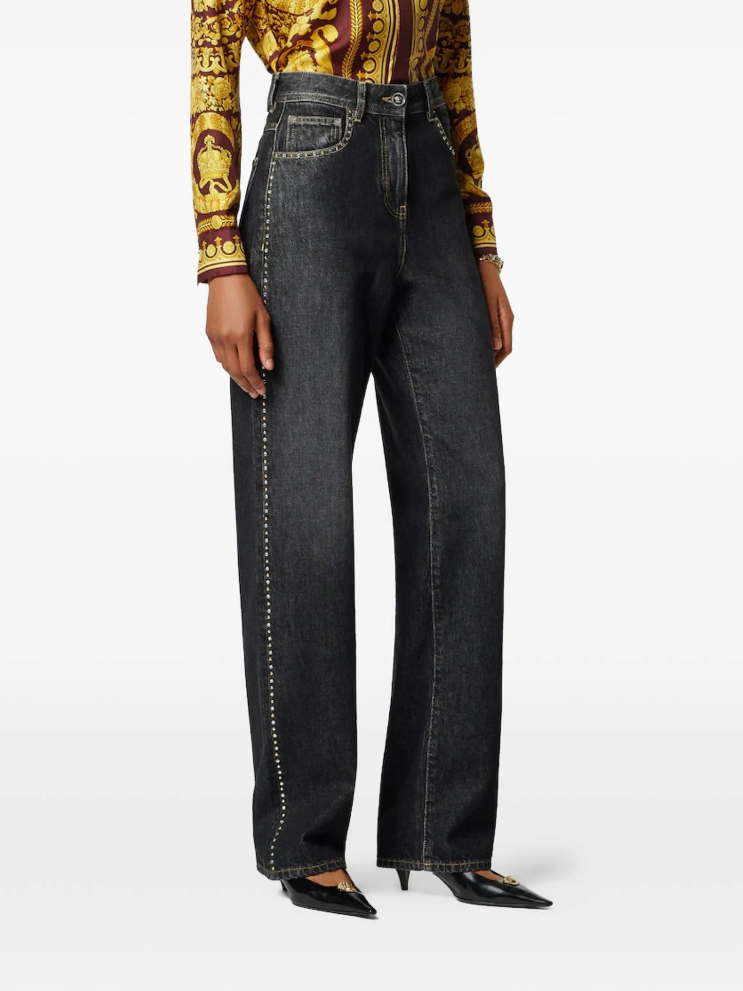 studded high-waist denim trousers
