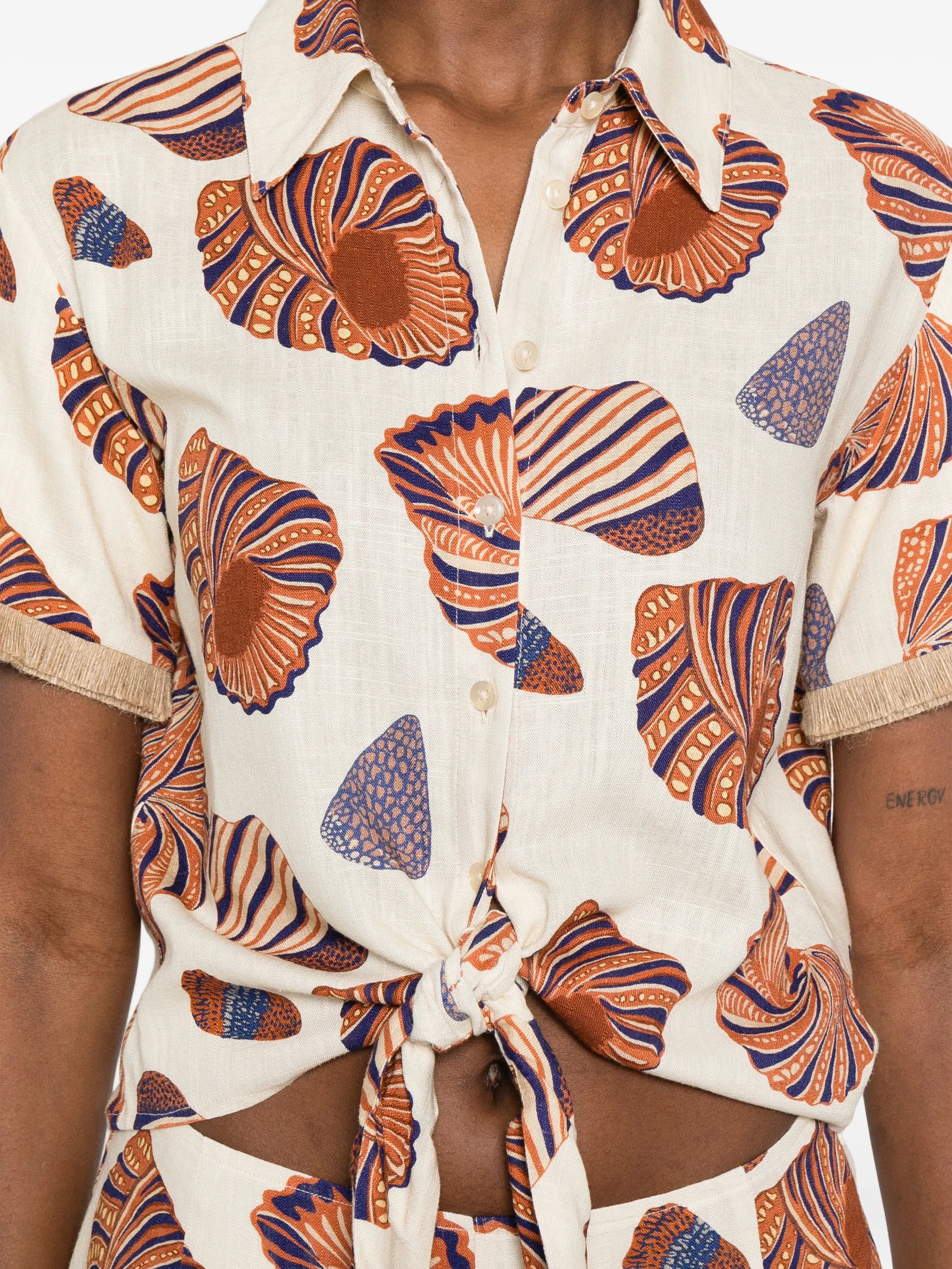 shell-print fringed shirt