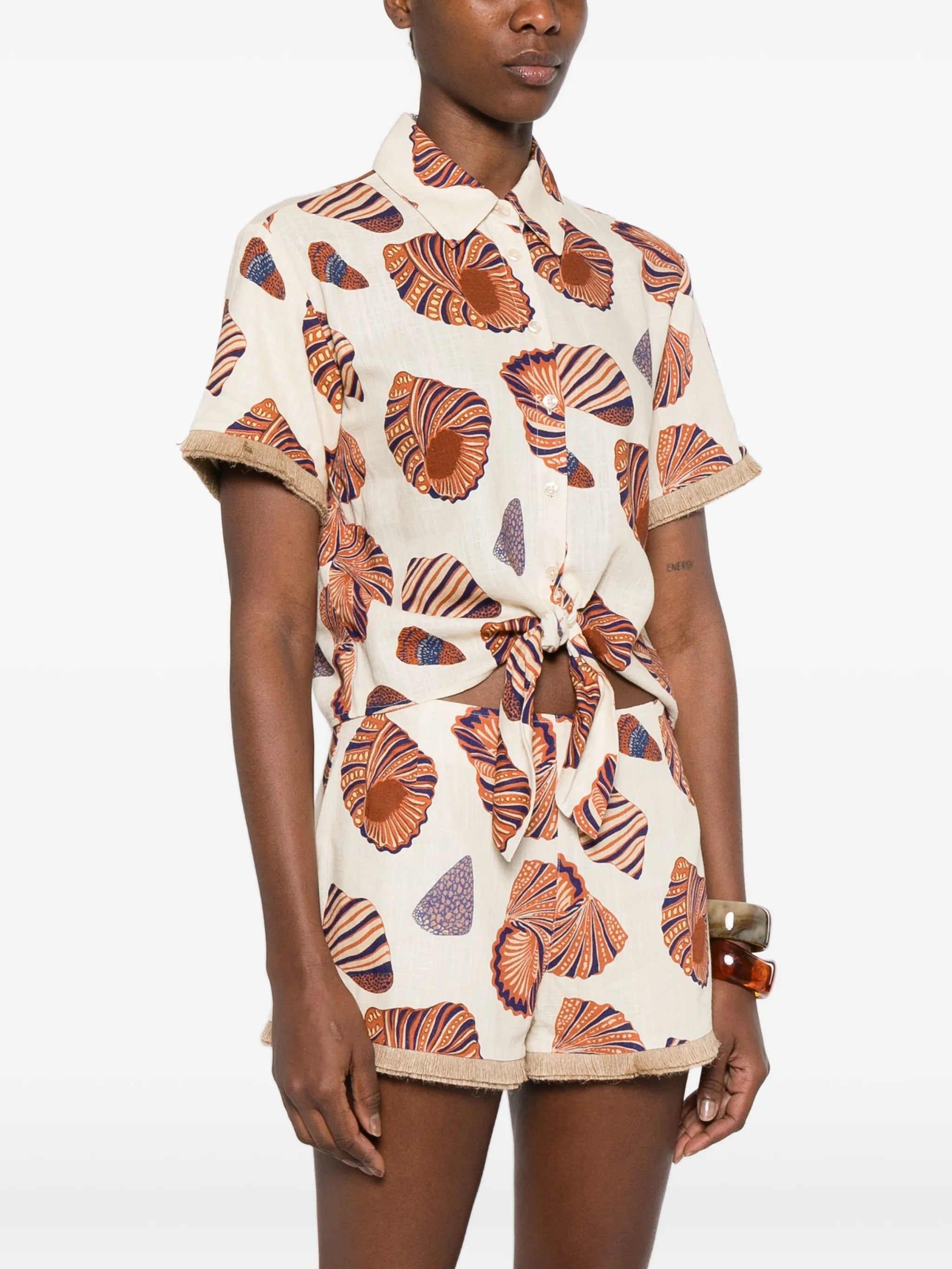 shell-print fringed shirt