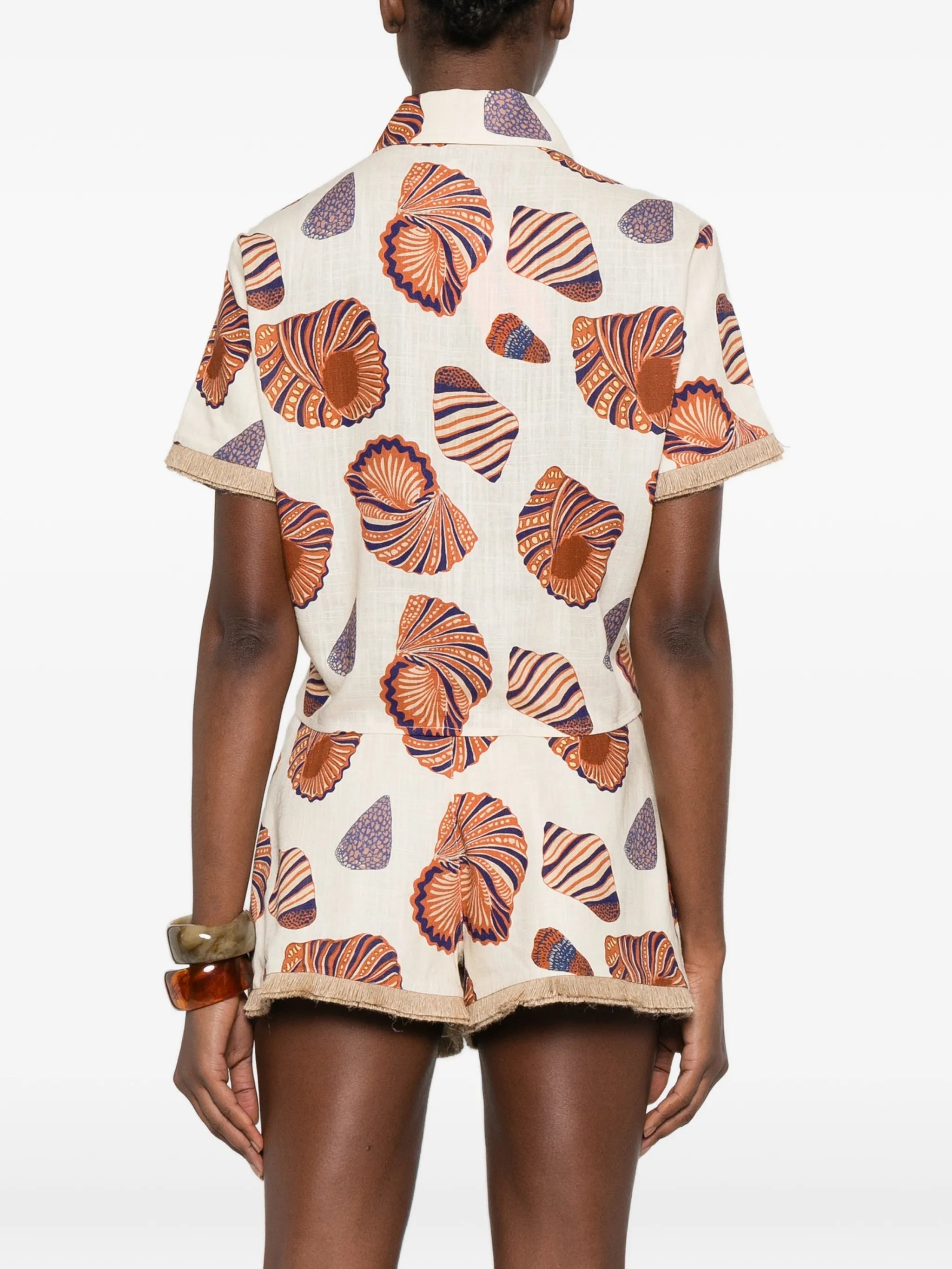 shell-print fringed shirt