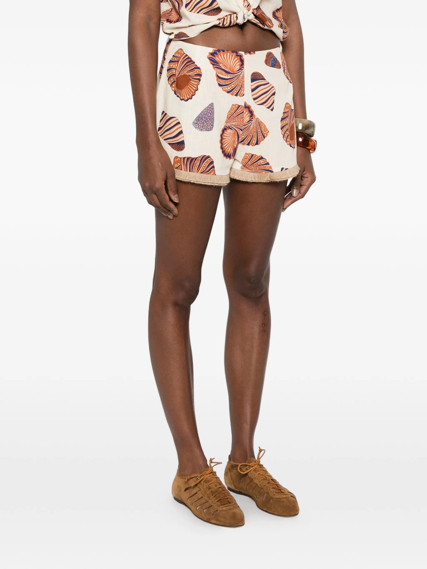 shell-print fringe shorts