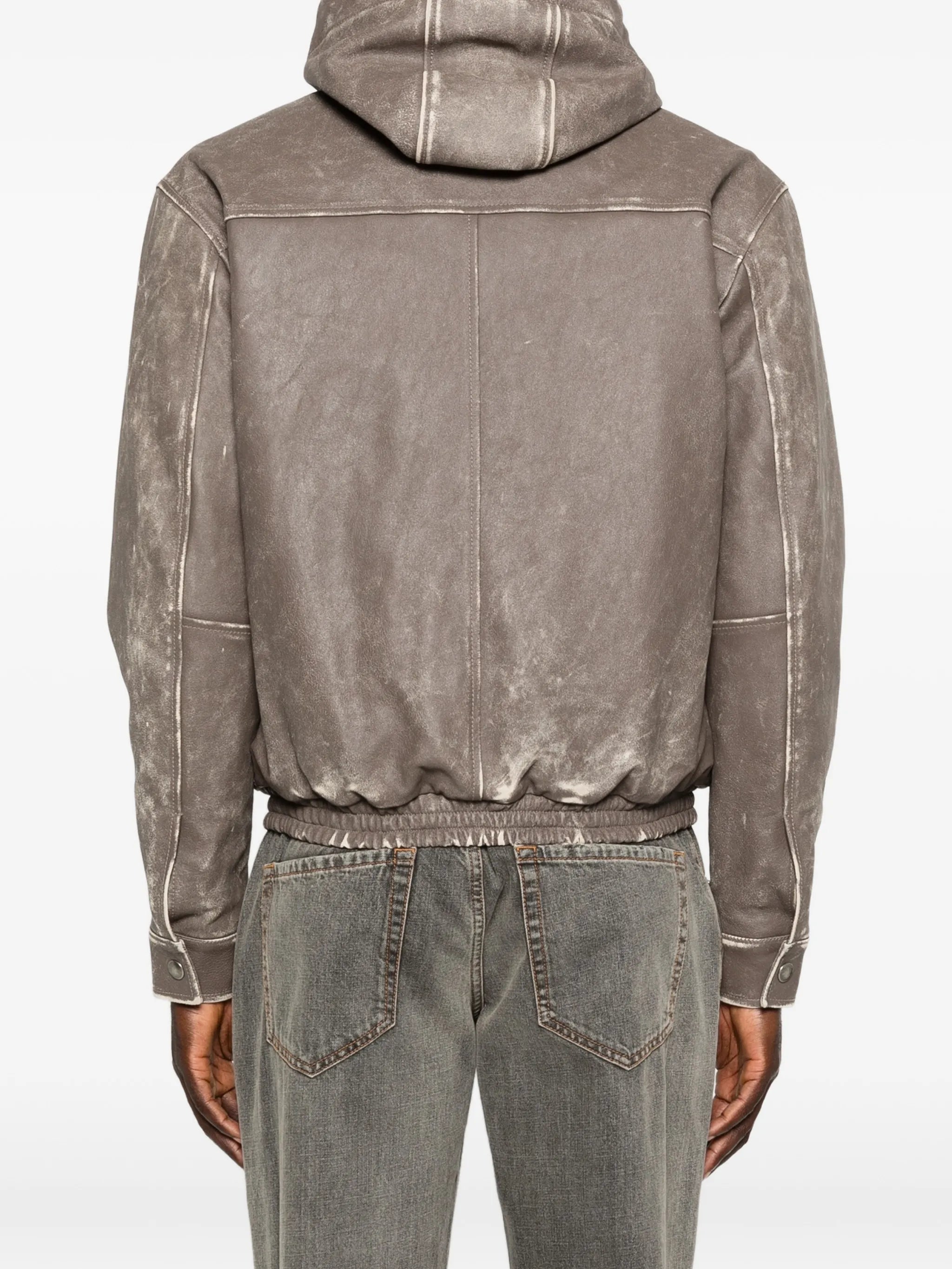 distressed hooded bomber jacket