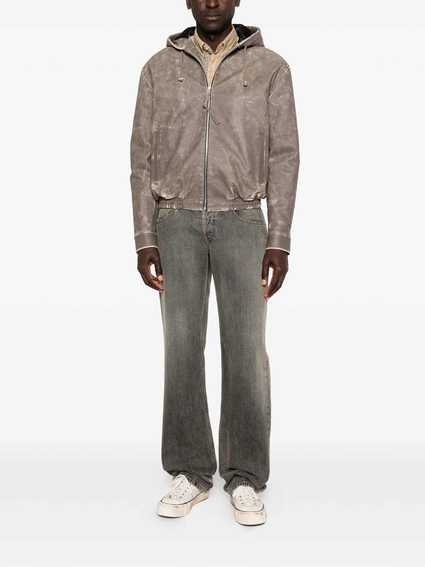 distressed hooded bomber jacket