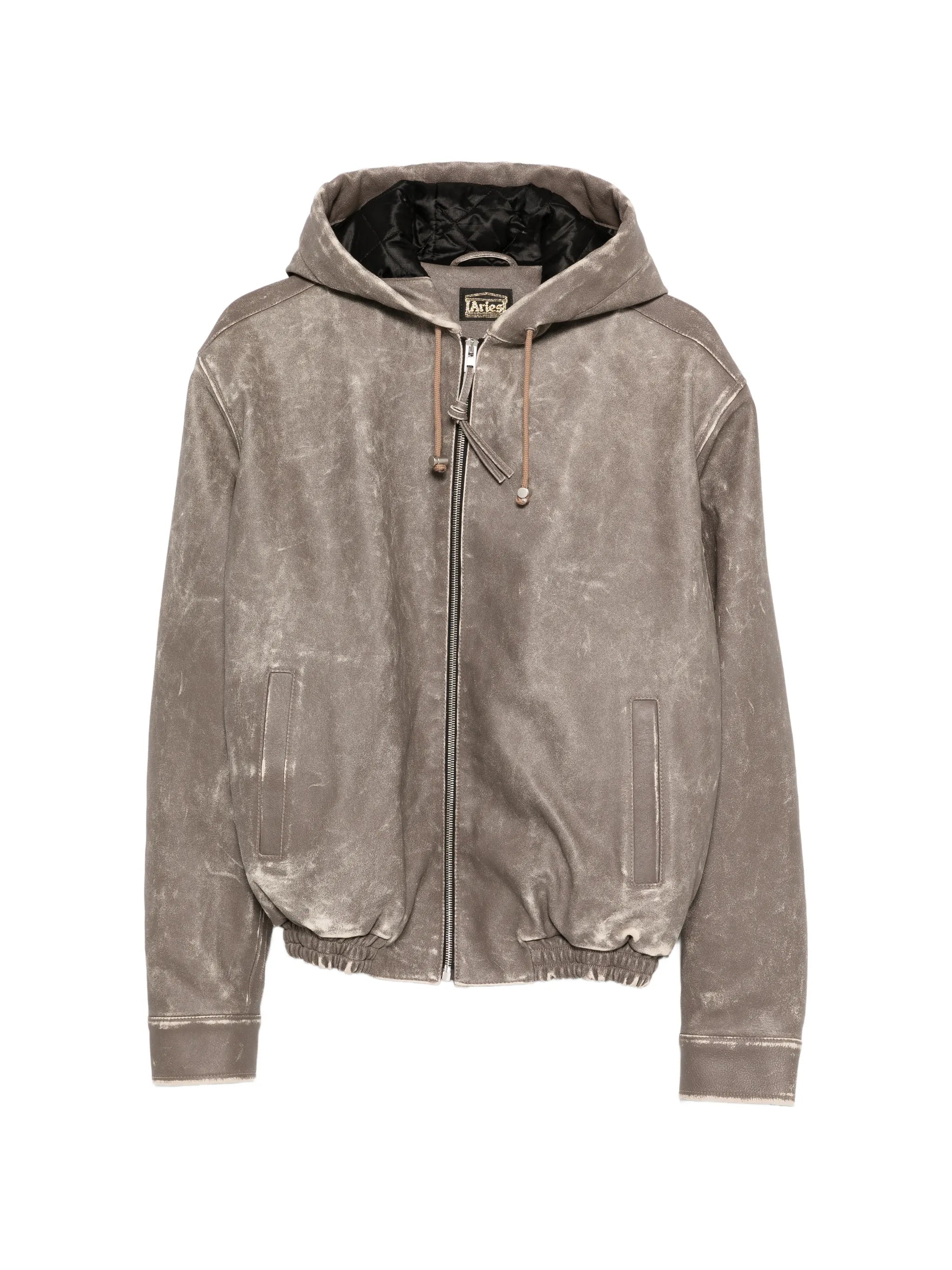 distressed hooded bomber jacket