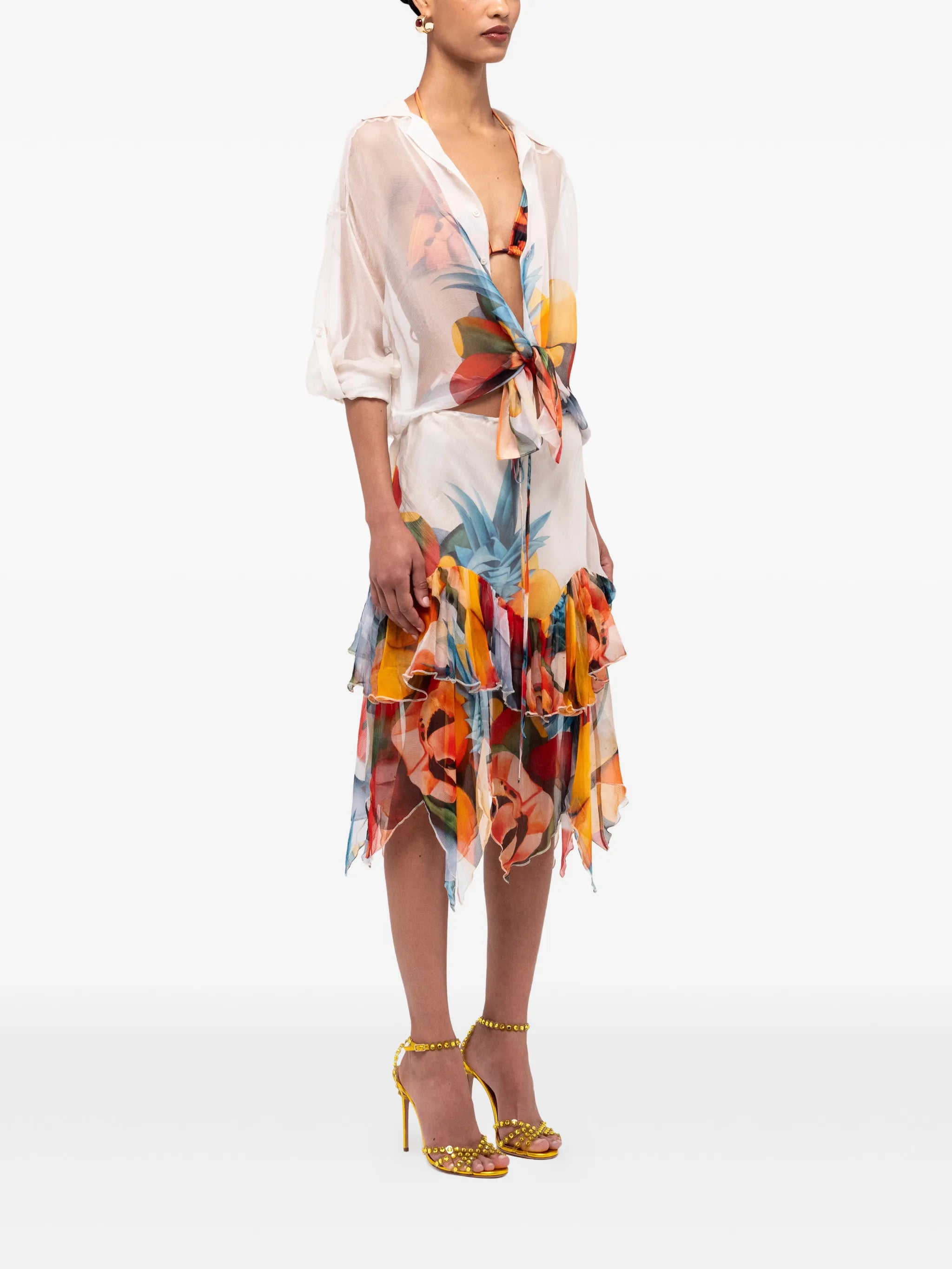 ruffled chiffon silk midi skirt