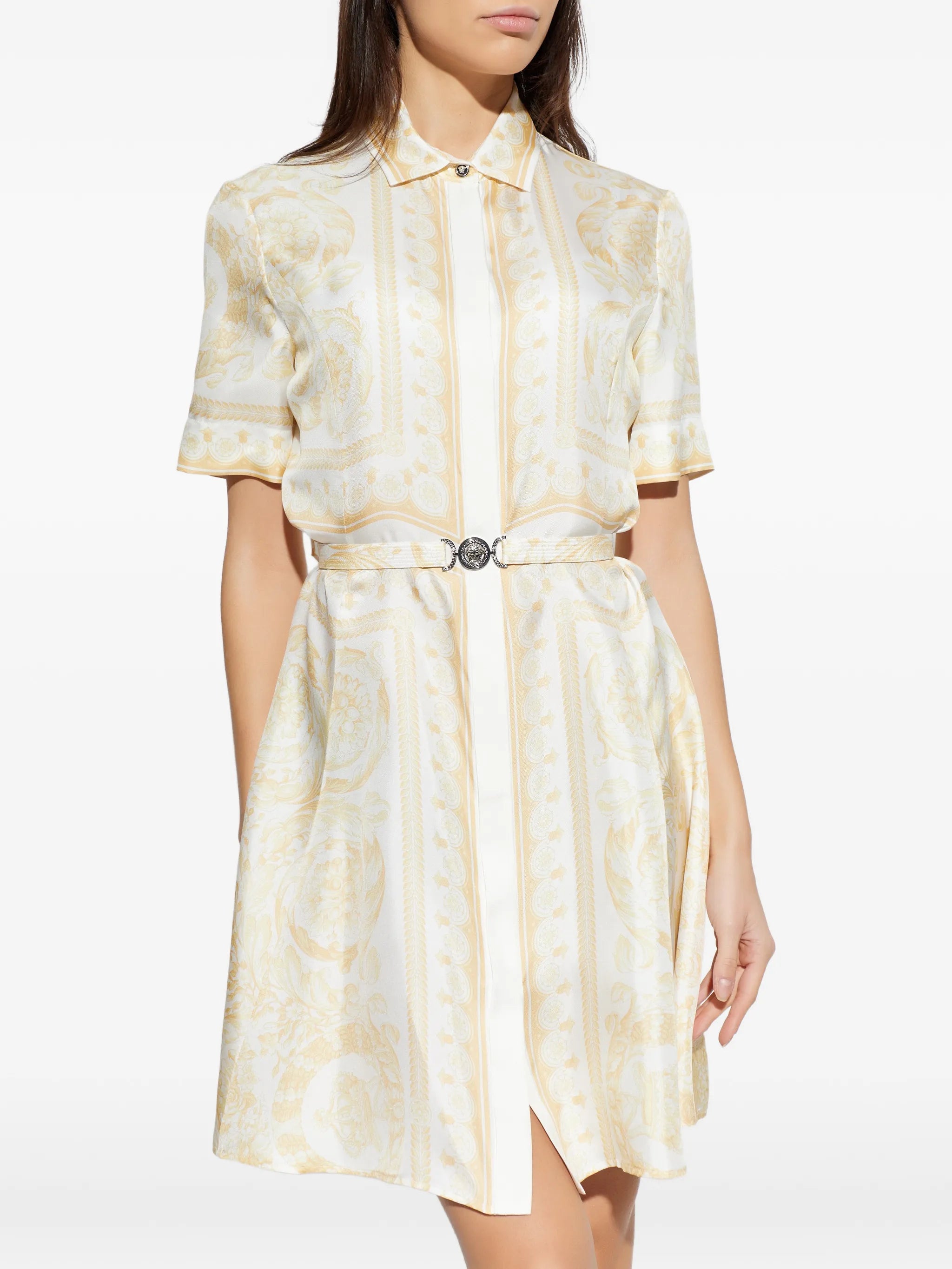 belted print mini dress