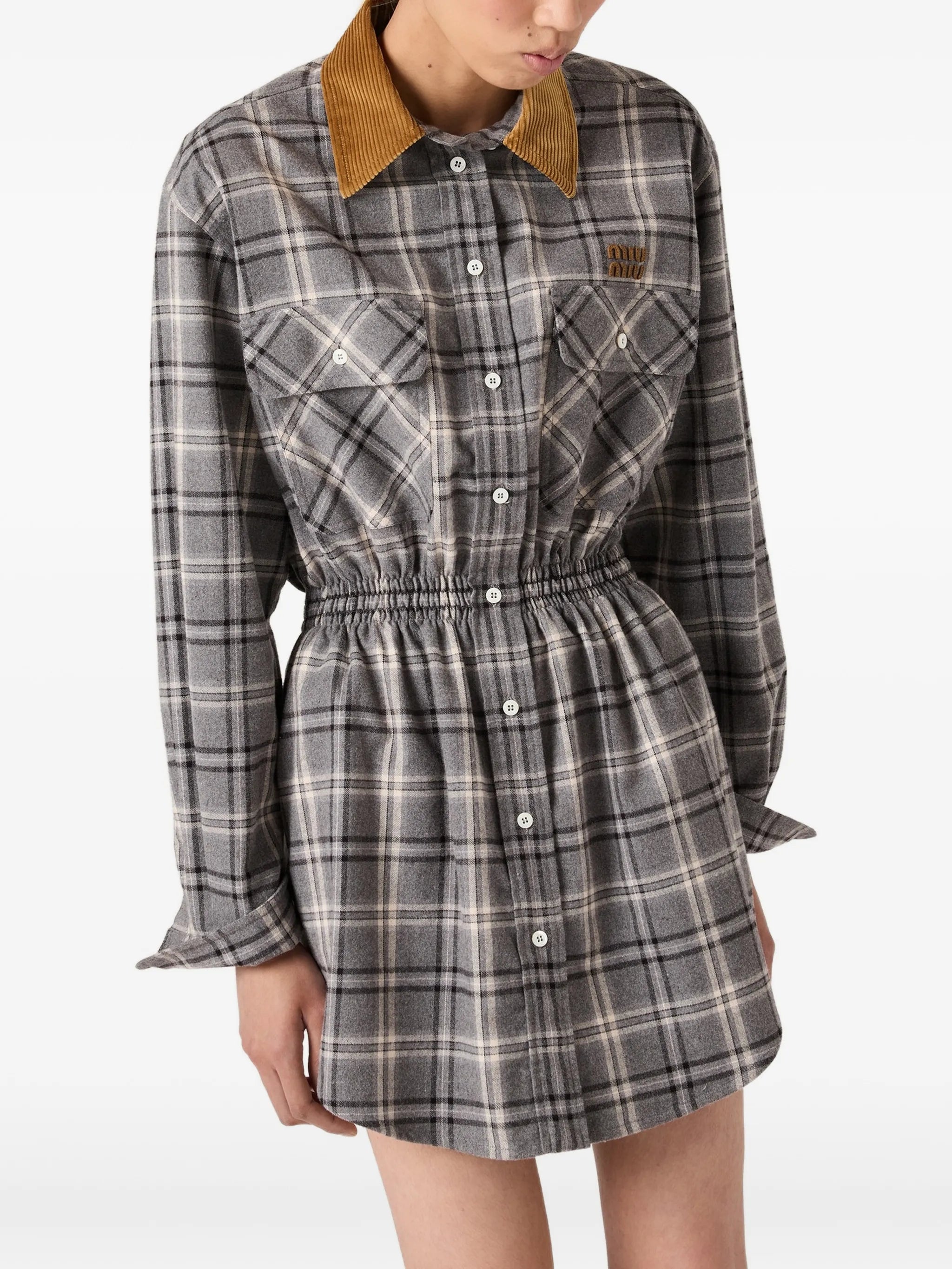 buttoned check-pattern mini dress
