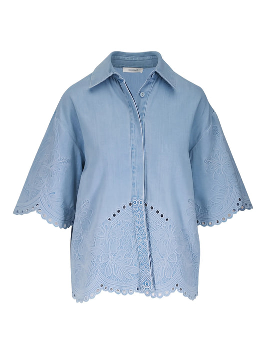 floral-embroidered scalloped cotton blouse
