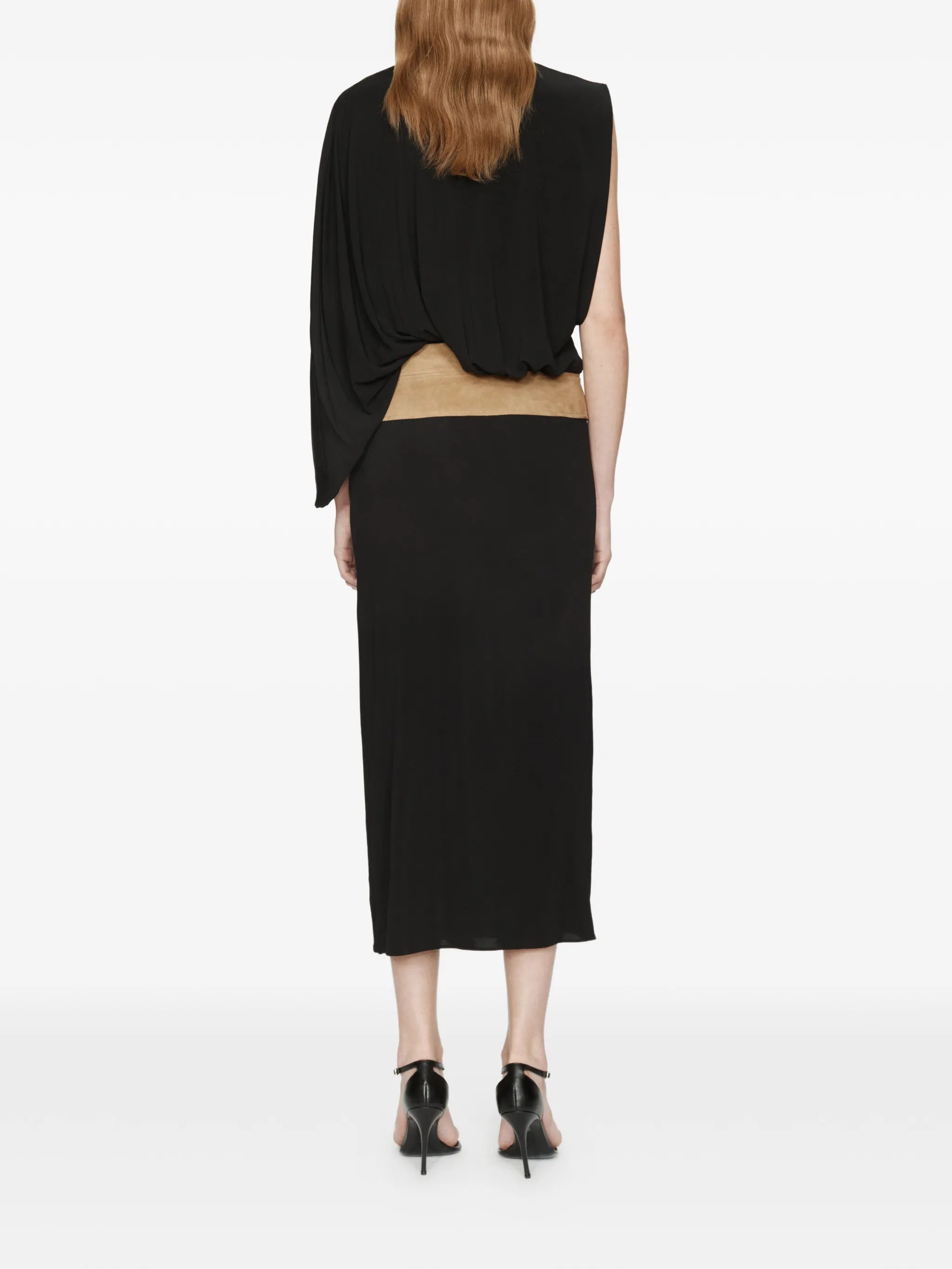 contour-suede swaddle midi dress