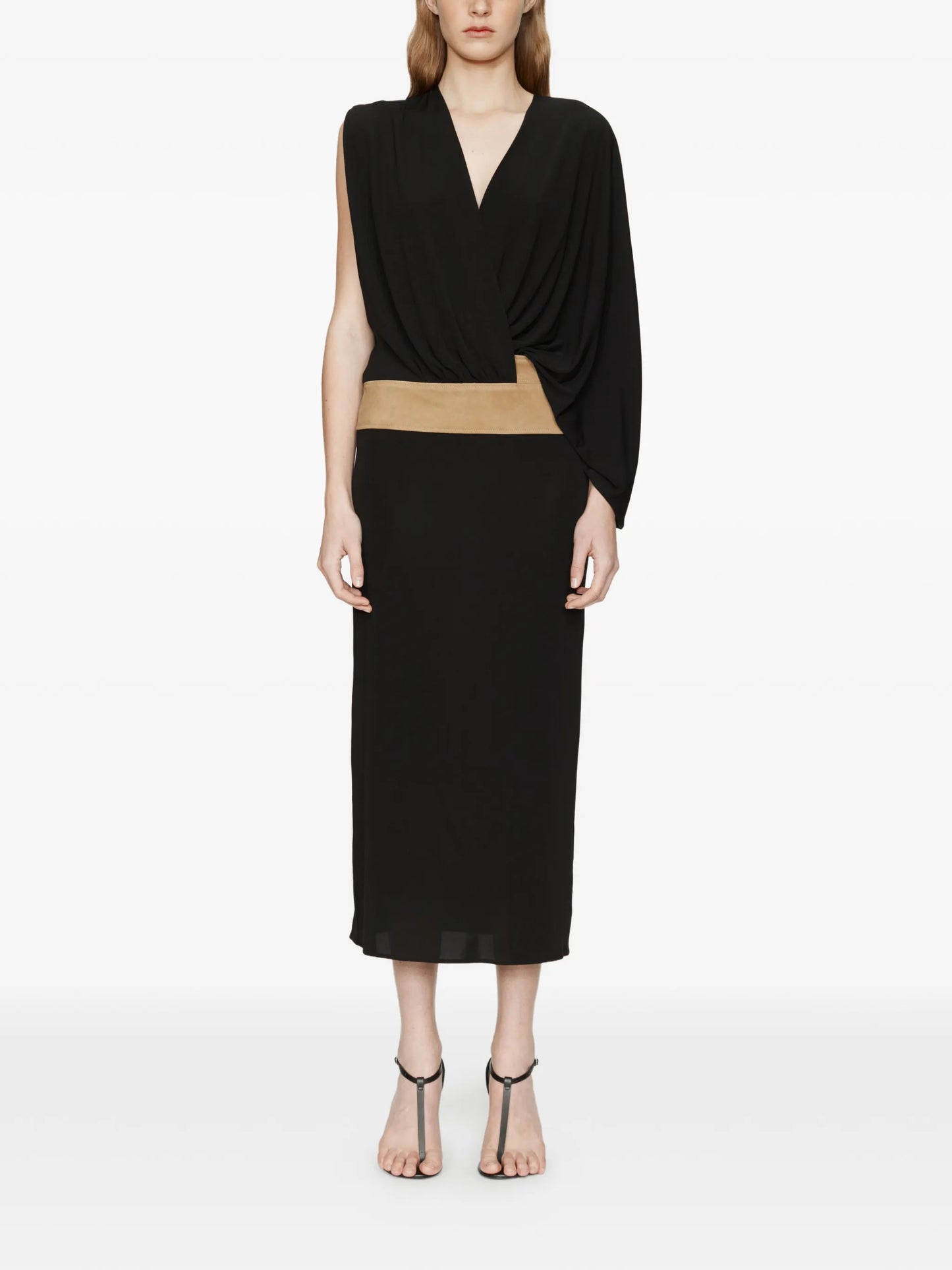 contour-suede swaddle midi dress