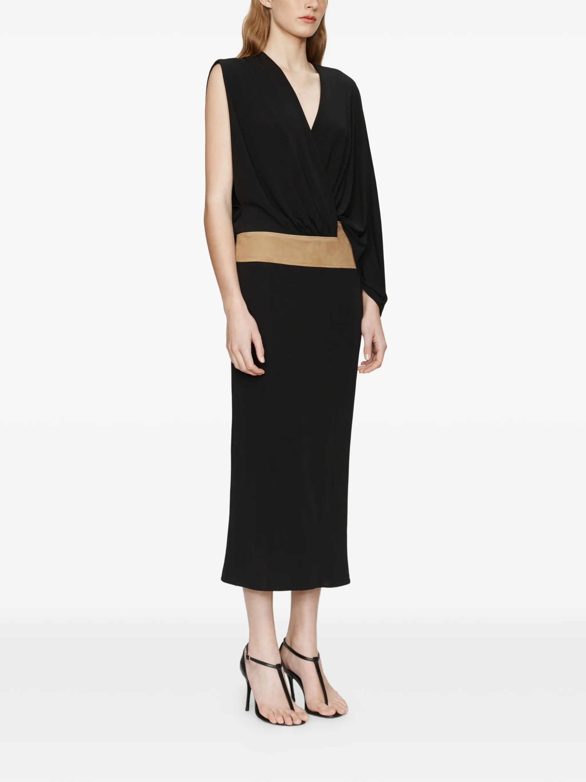 contour-suede swaddle midi dress