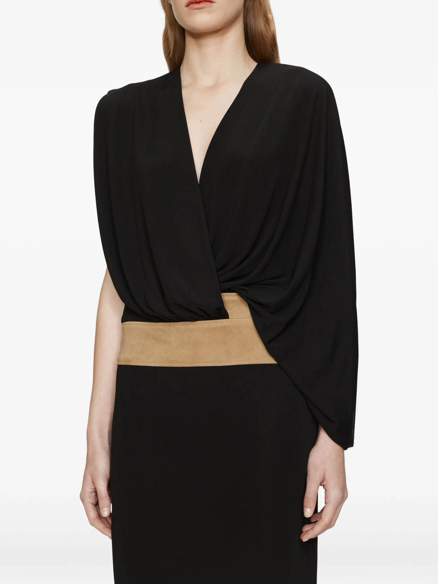 contour-suede swaddle midi dress