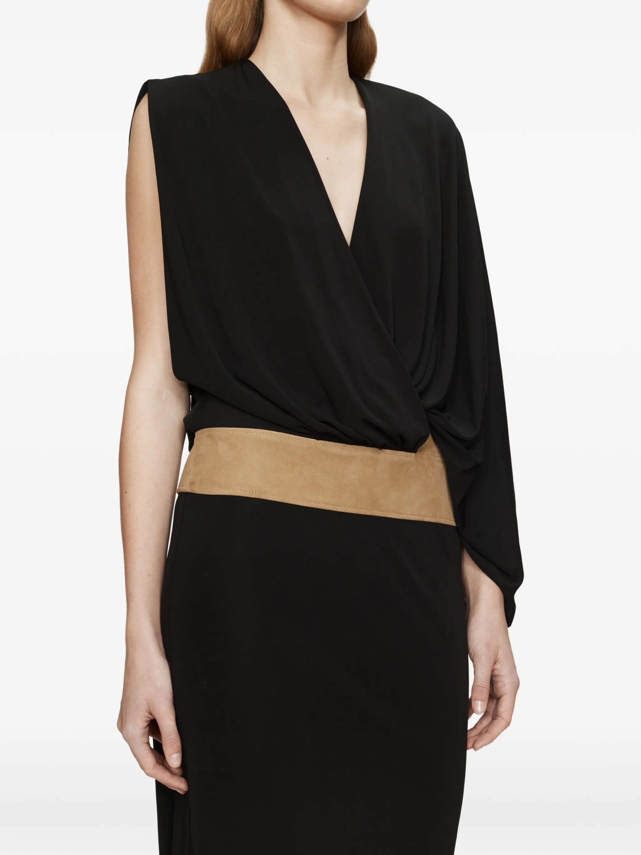 contour-suede swaddle midi dress