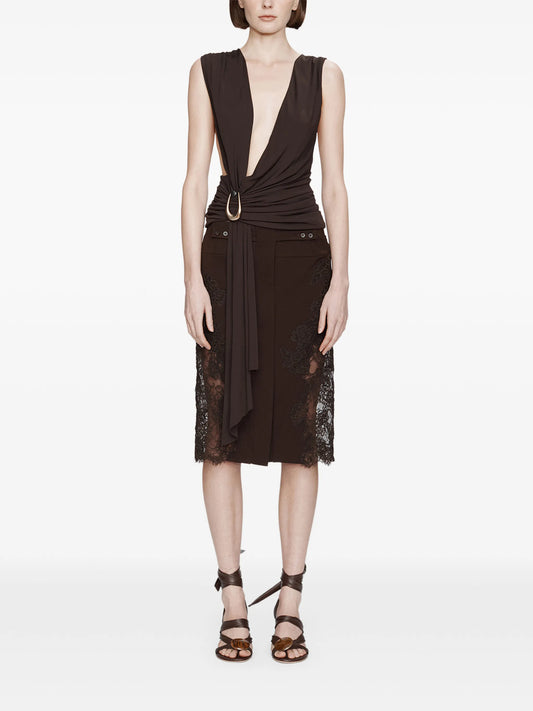 stone-pin scarf draped blouse