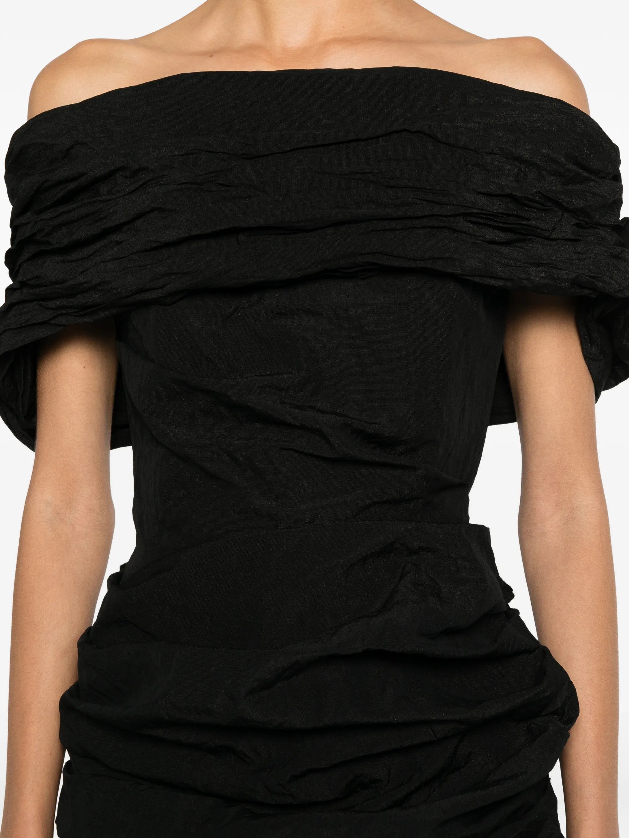 ruched off-the-shoulder mini dress