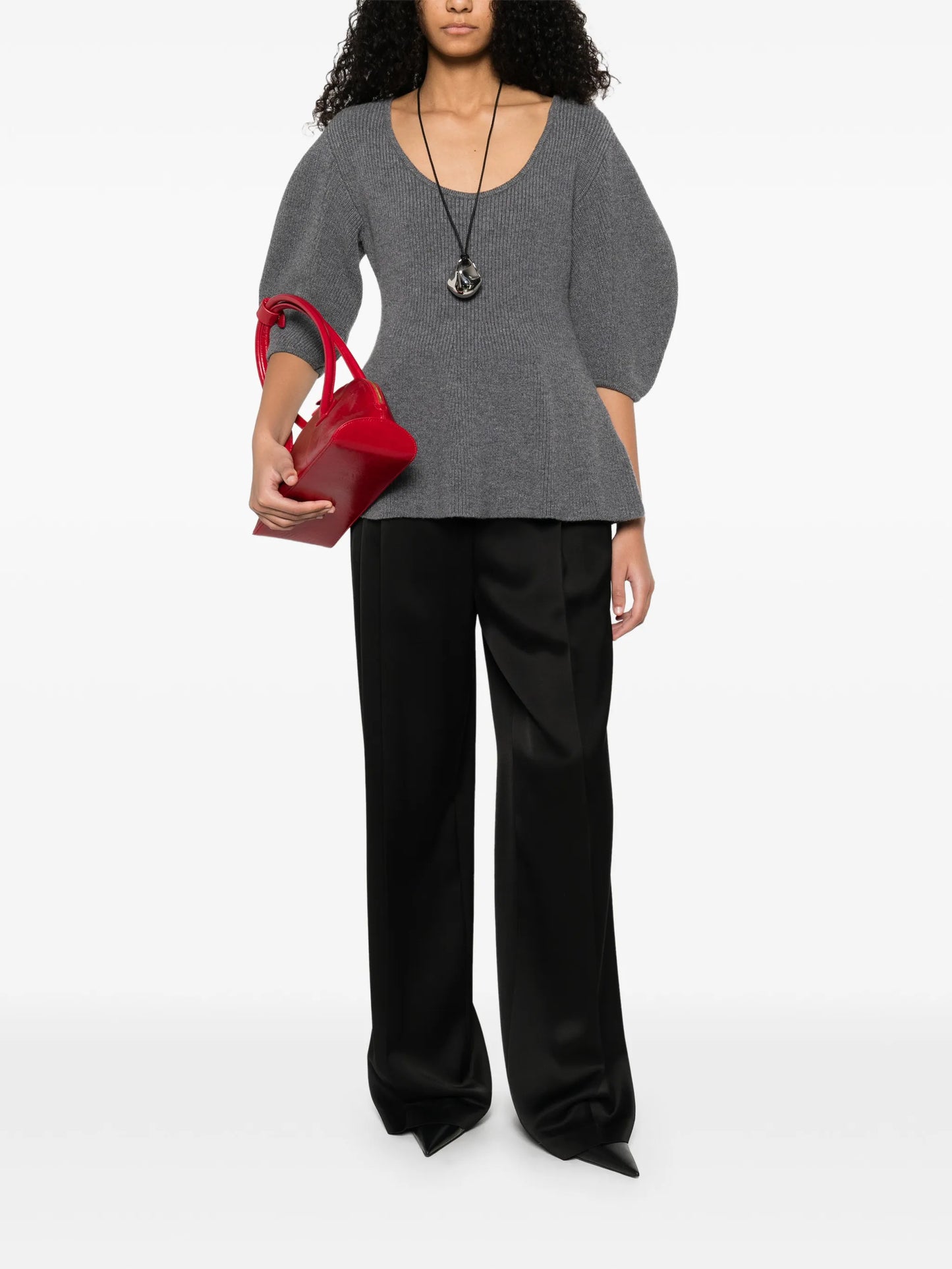 puffed-sleeve knitted top