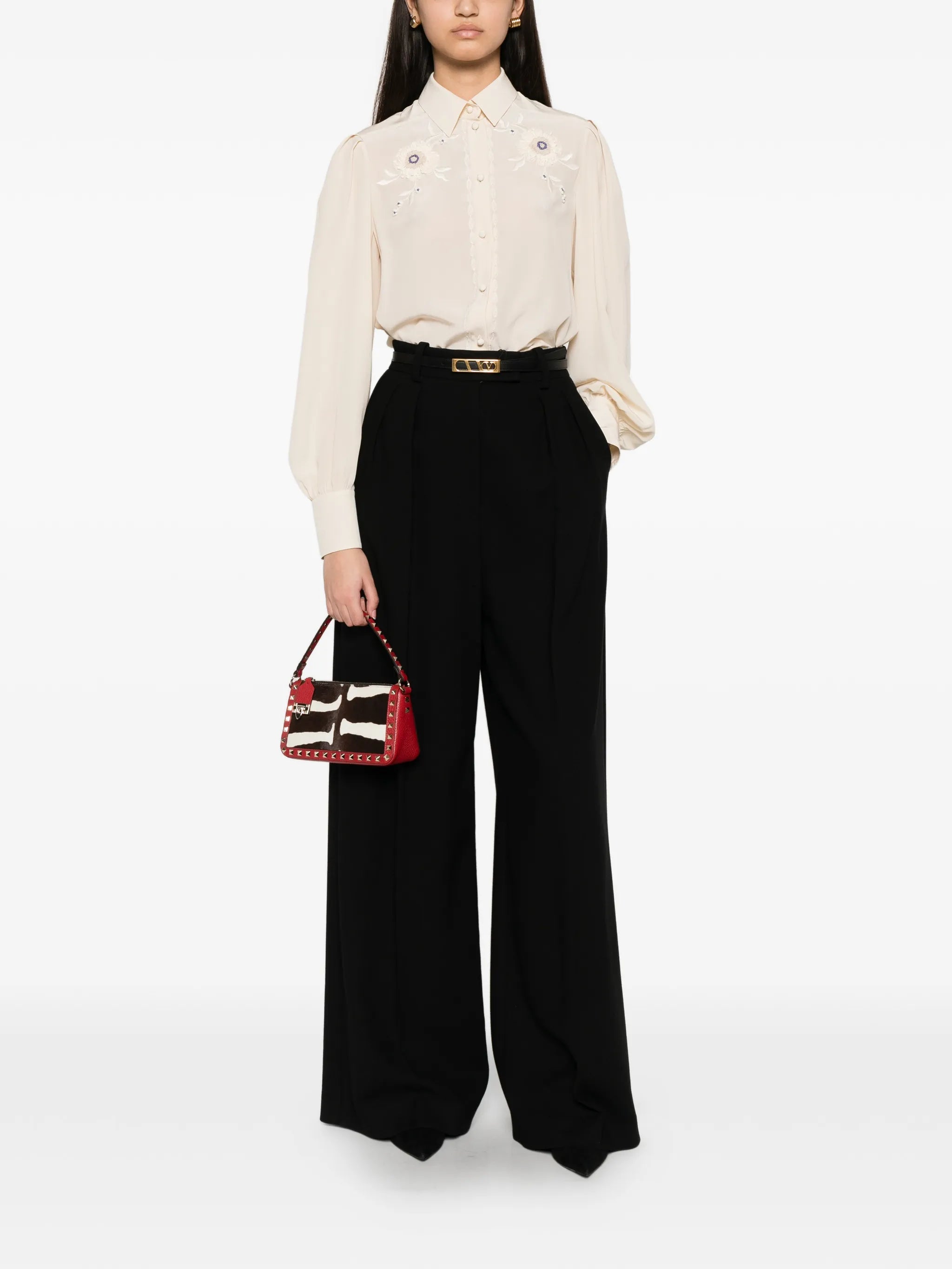 floral-embroidered pleated-sleeve blouse