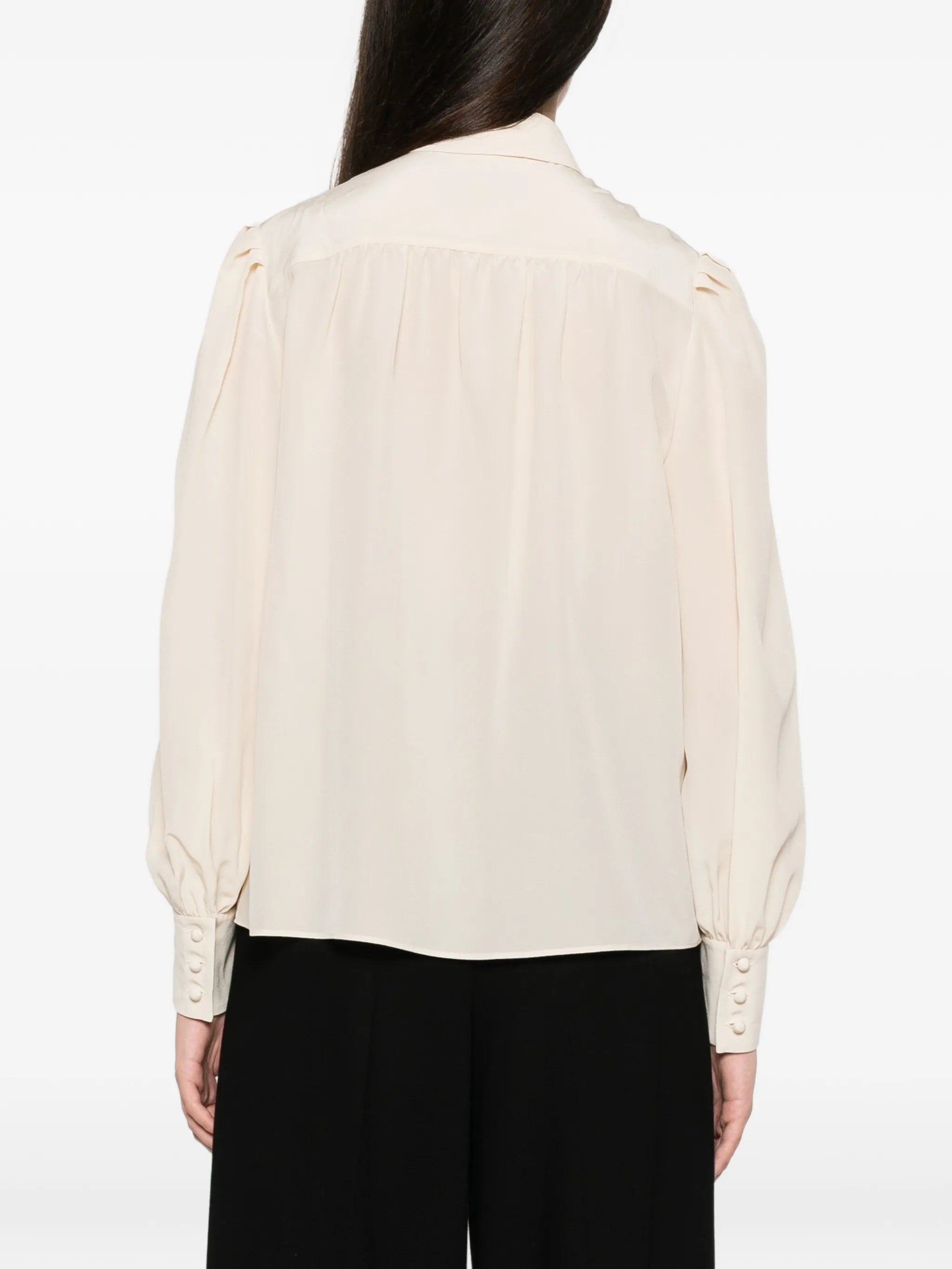 floral-embroidered pleated-sleeve blouse
