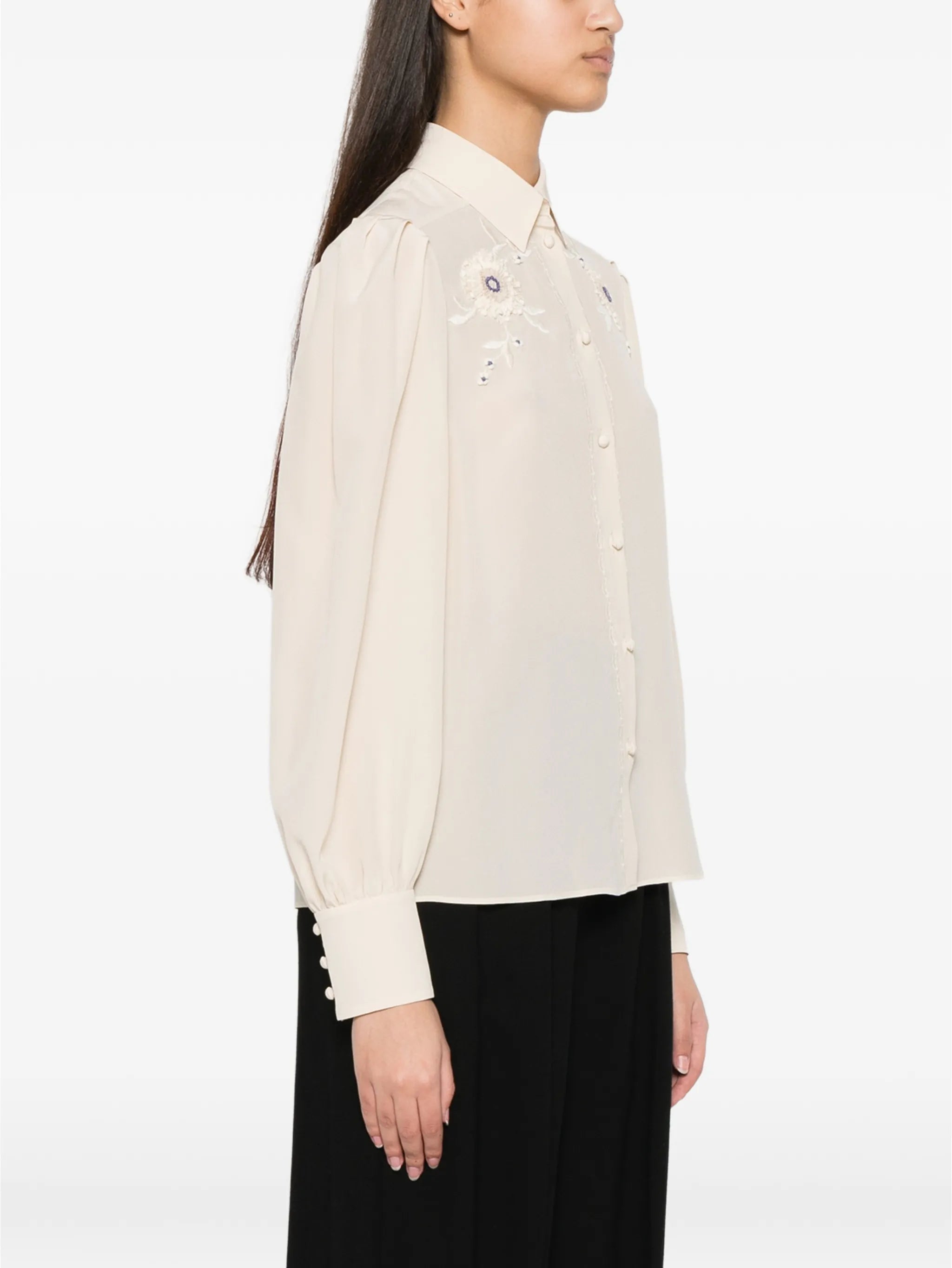 floral-embroidered pleated-sleeve blouse