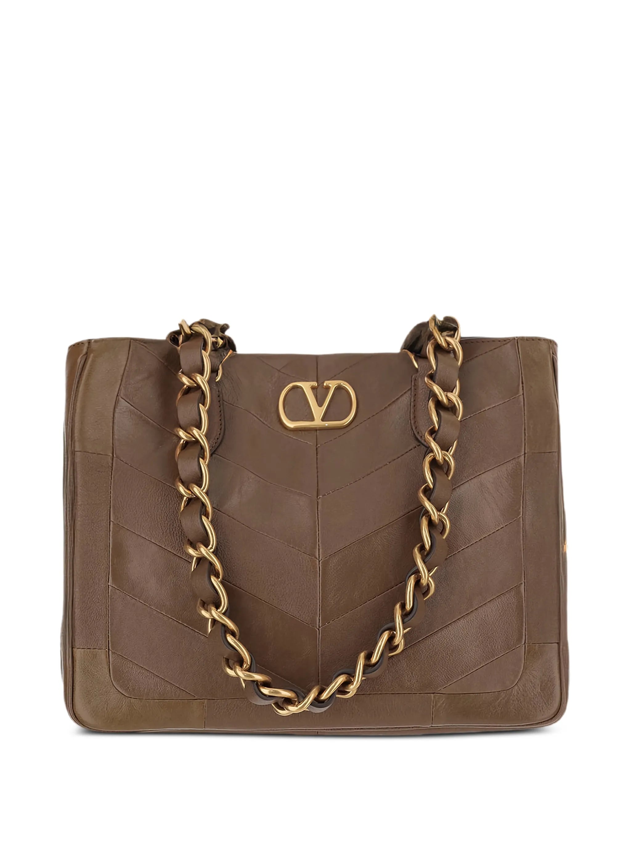 chevron-patchwork chain leather tote bag
