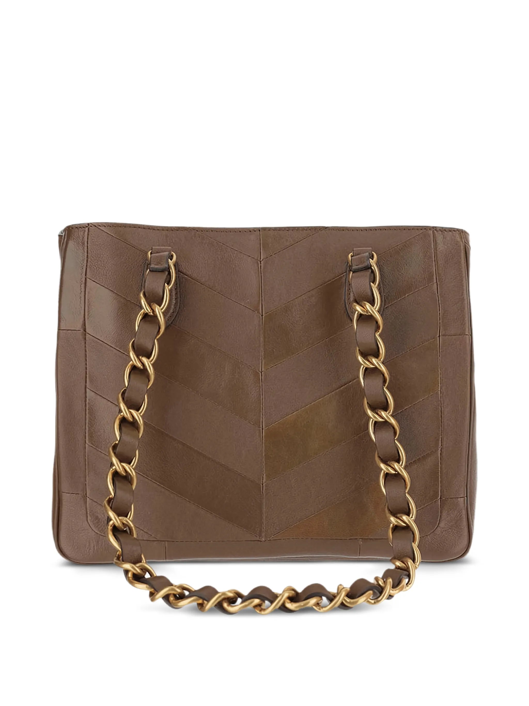 chevron-patchwork chain leather tote bag