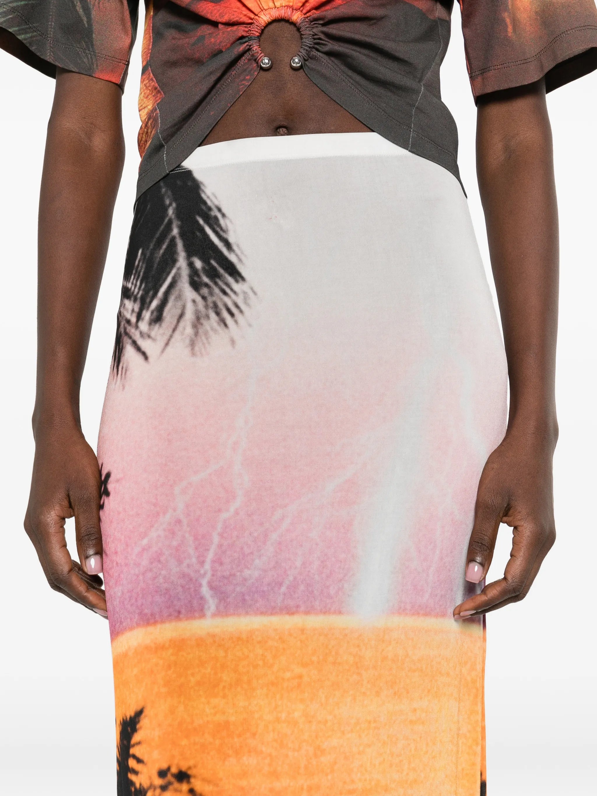 maxi skirt in thunderstorm-printed second-skin jersey