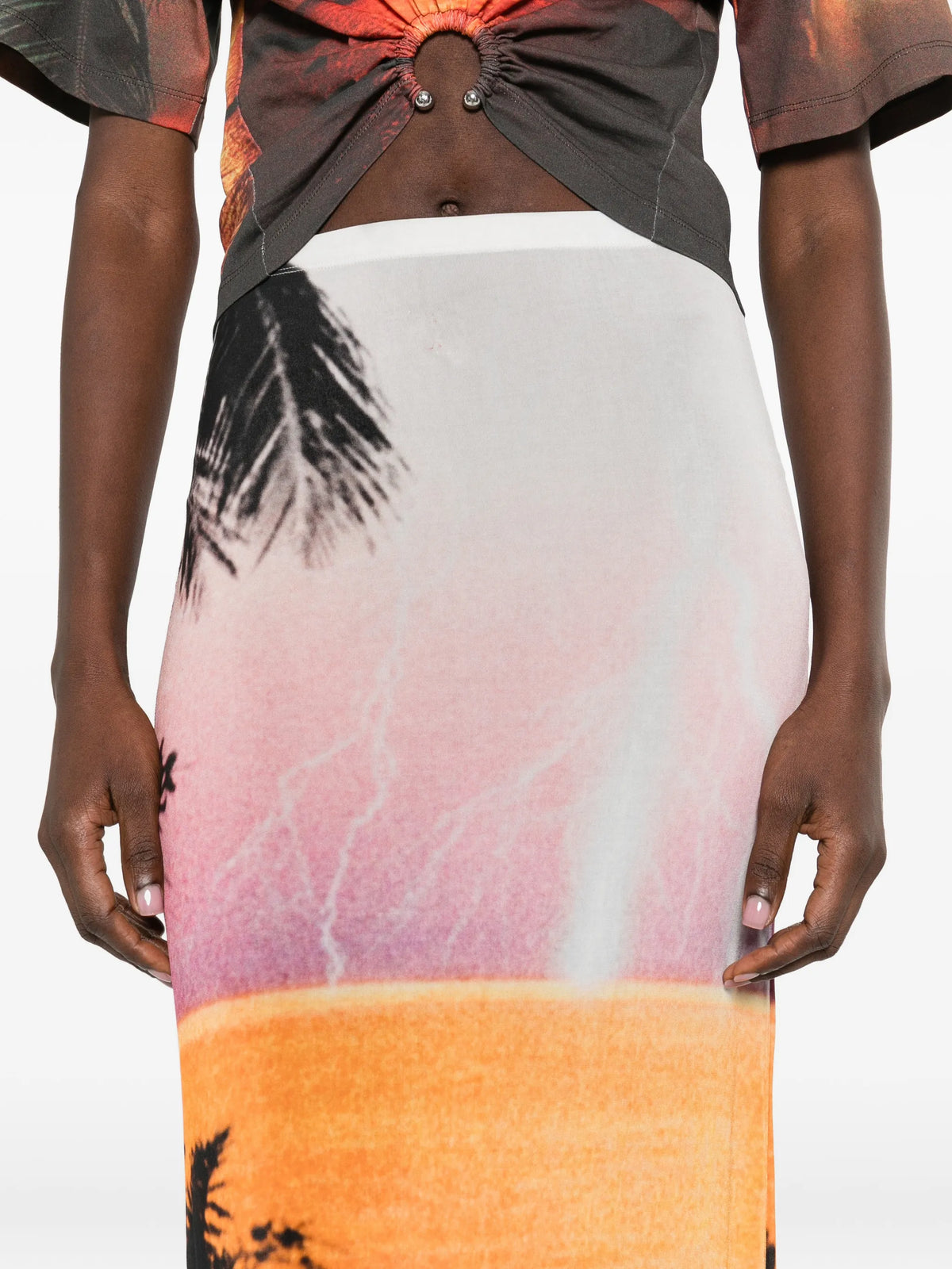 maxi skirt in thunderstorm-printed second-skin jersey