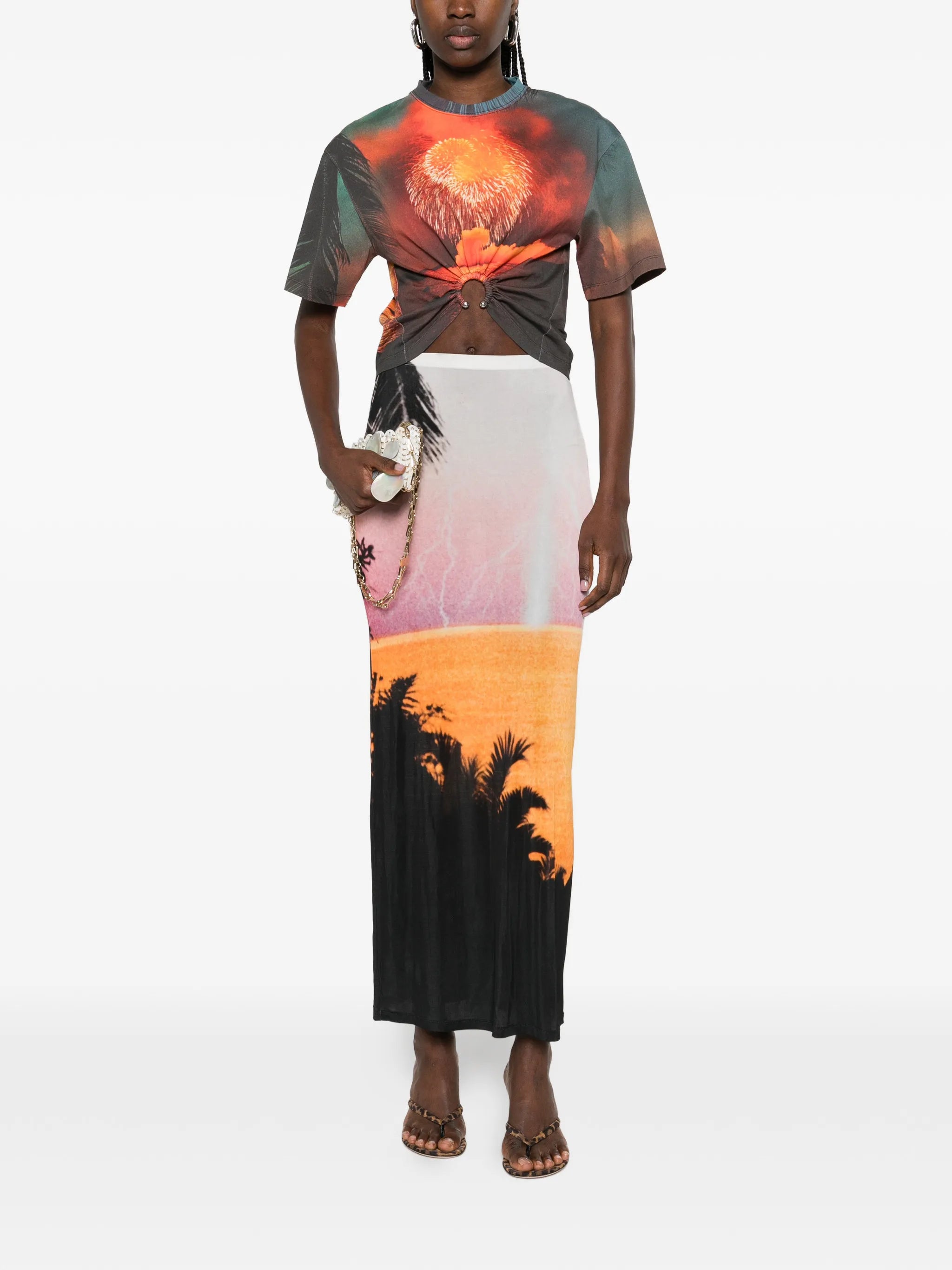 maxi skirt in thunderstorm-printed second-skin jersey