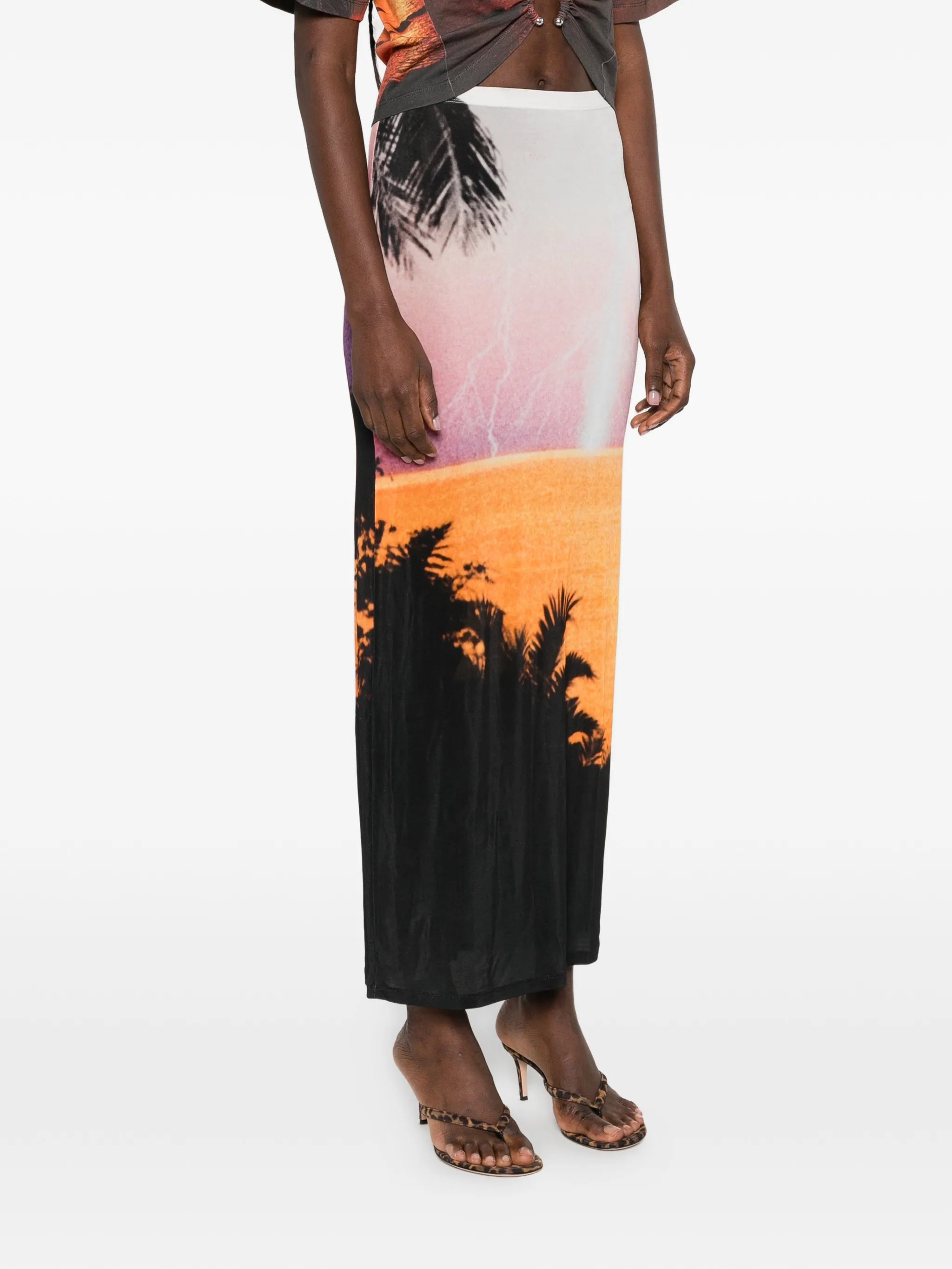 maxi skirt in thunderstorm-printed second-skin jersey