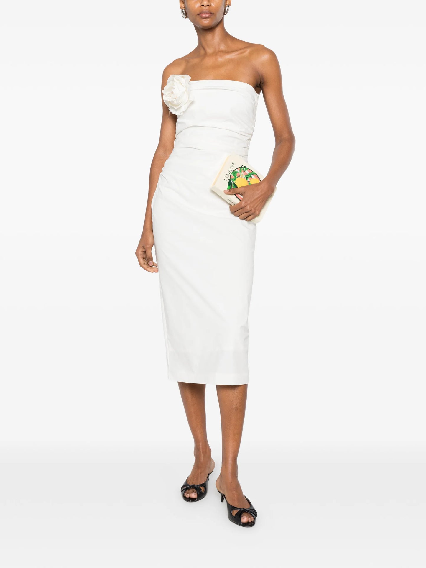 Vera flower-brooch strapless midi dress