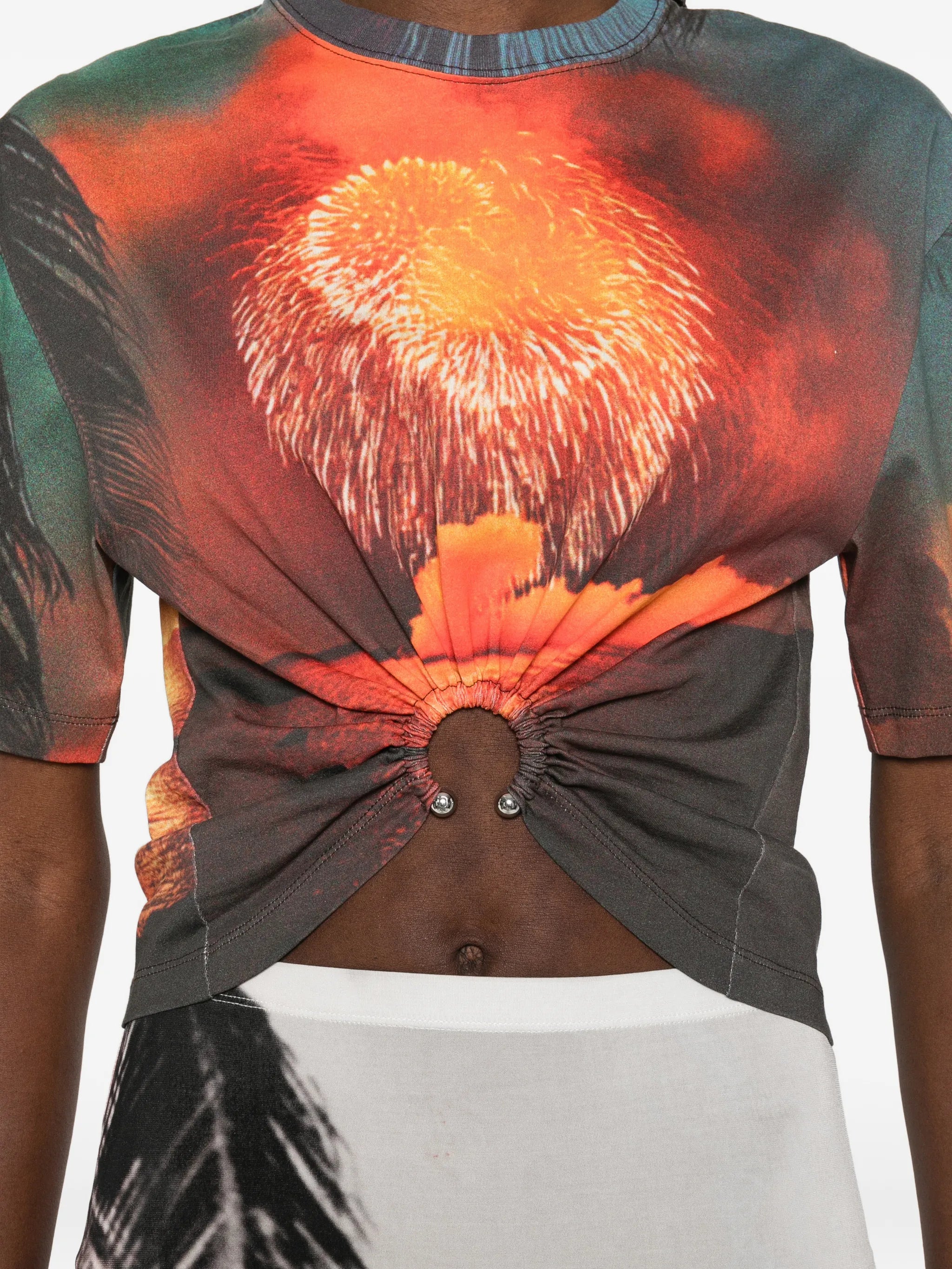 T-shirt in firework-printed cotton with signature piercing detail