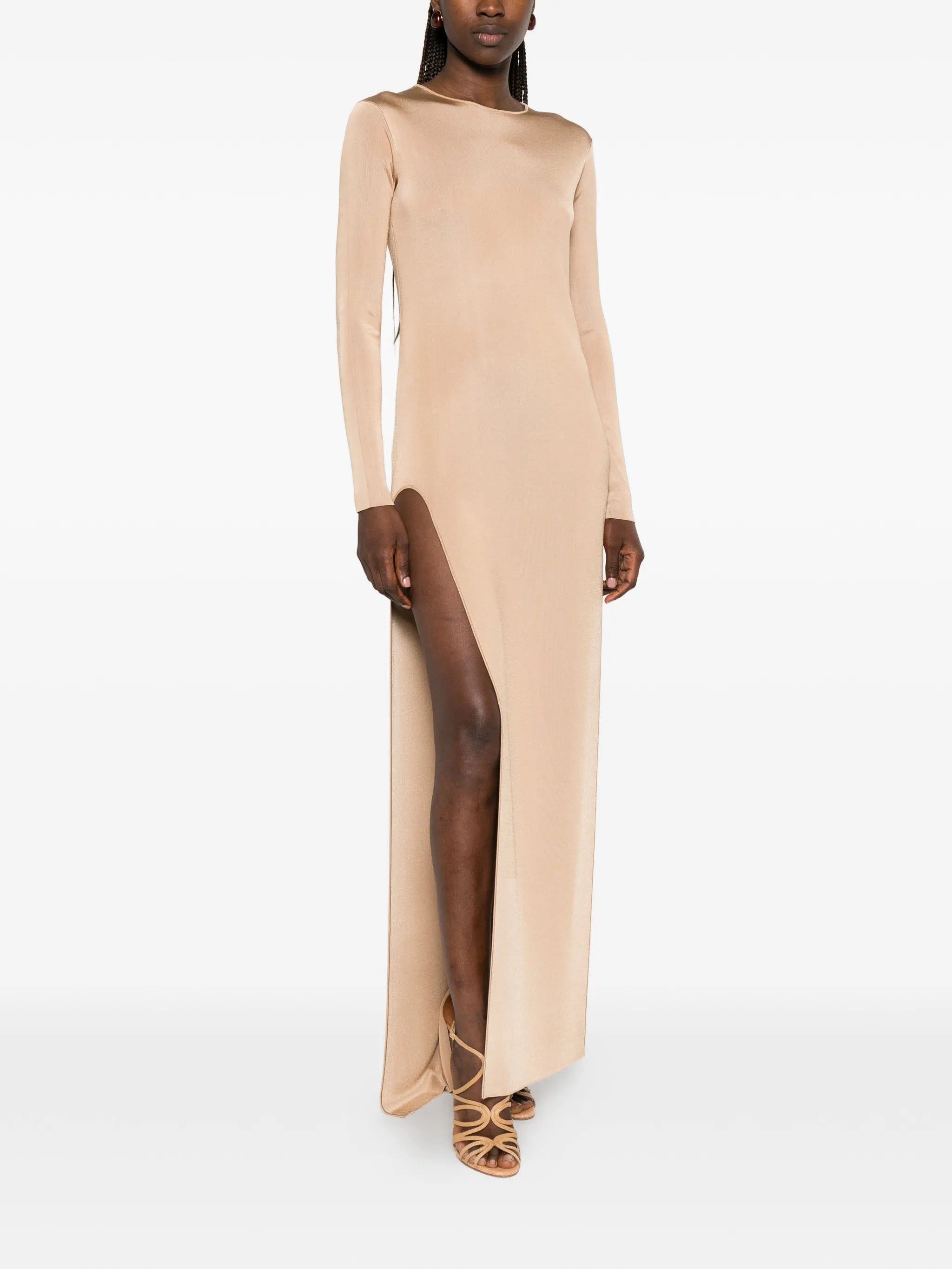 fine knit crewneck evening dress with high leg side slashes