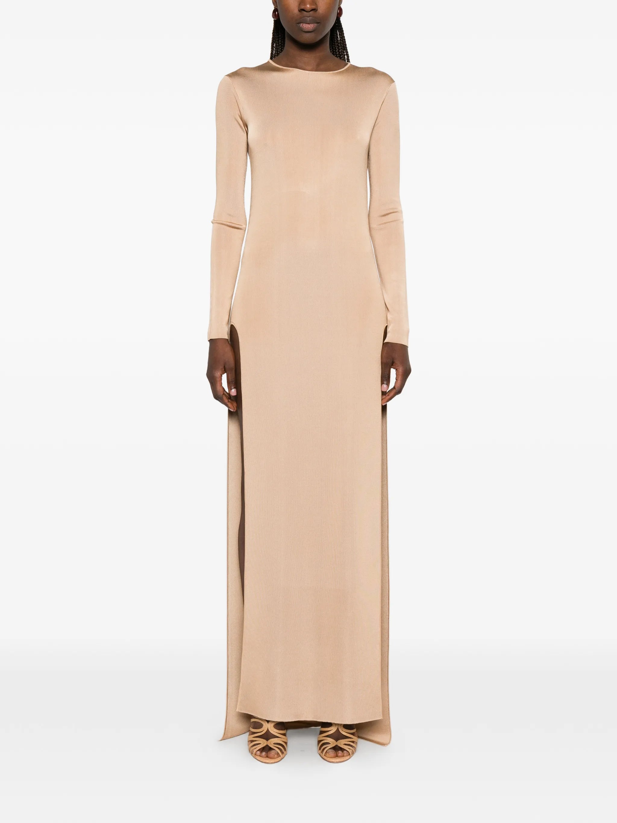 fine knit crewneck evening dress with high leg side slashes