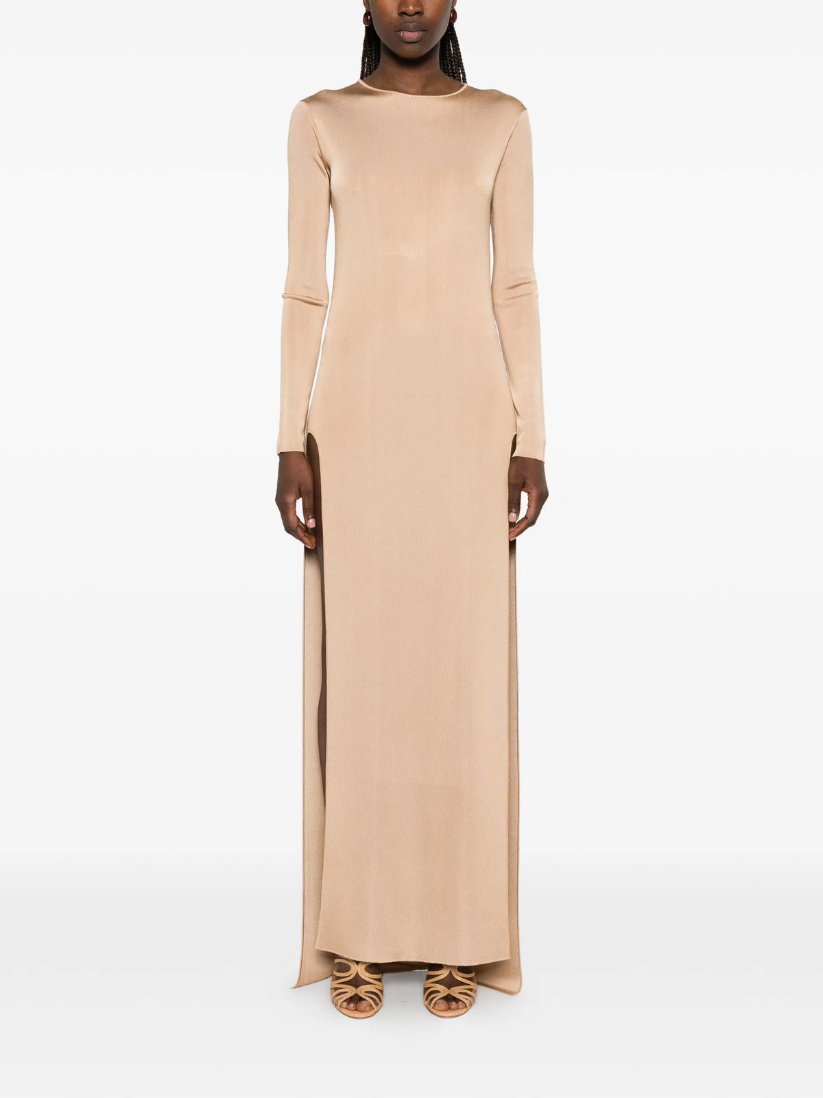 fine knit crewneck evening dress with high leg side slashes