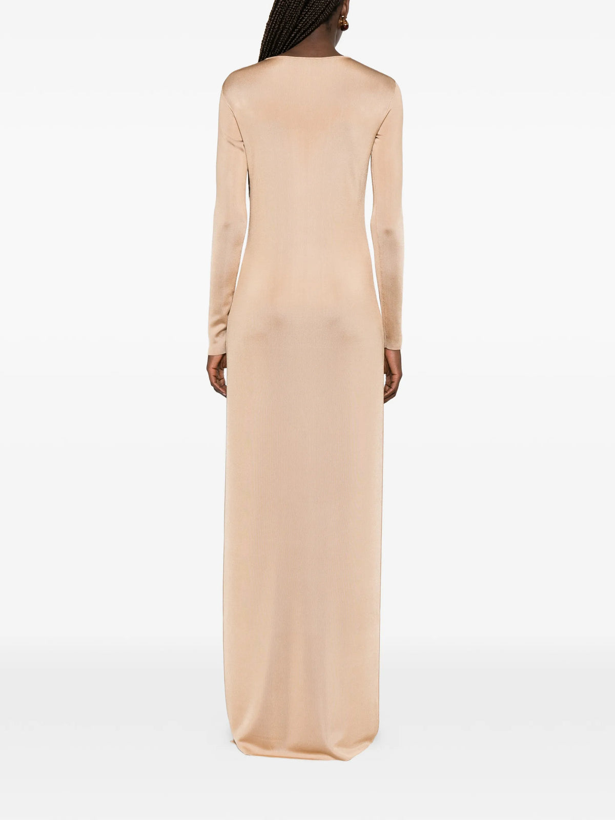 fine knit crewneck evening dress with high leg side slashes