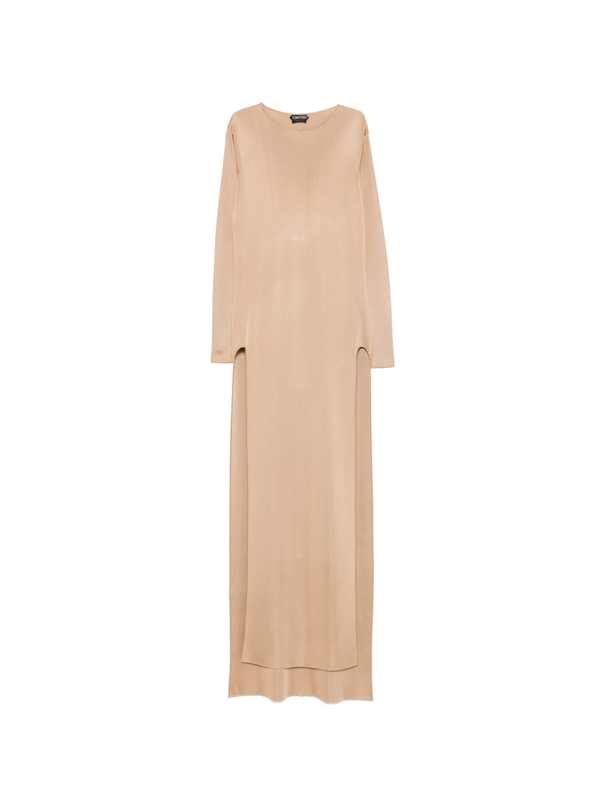 fine knit crewneck evening dress with high leg side slashes