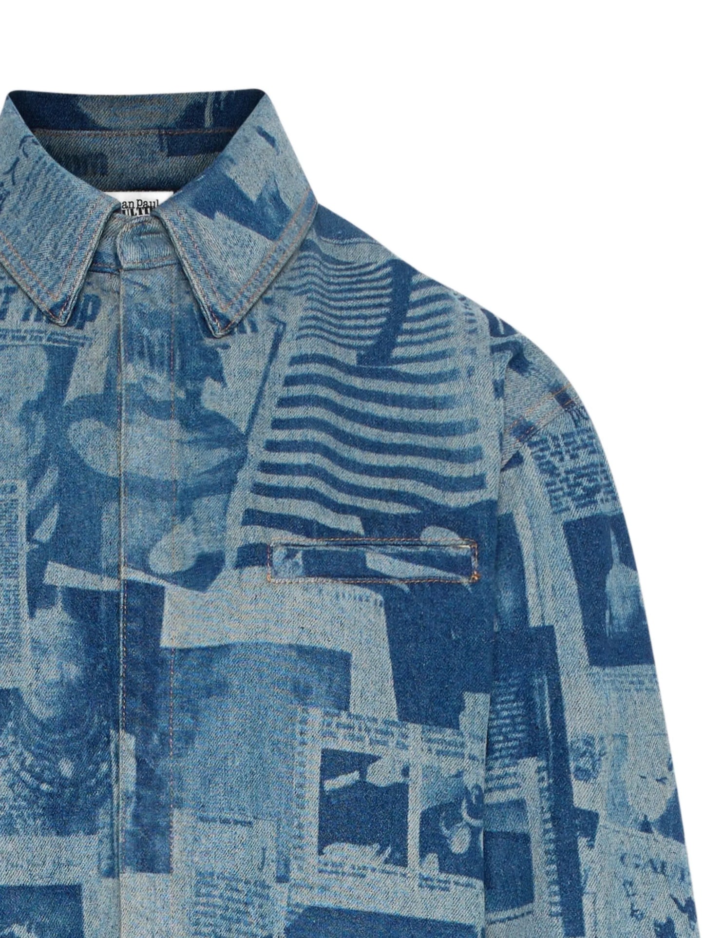 newspaper print denim shirt