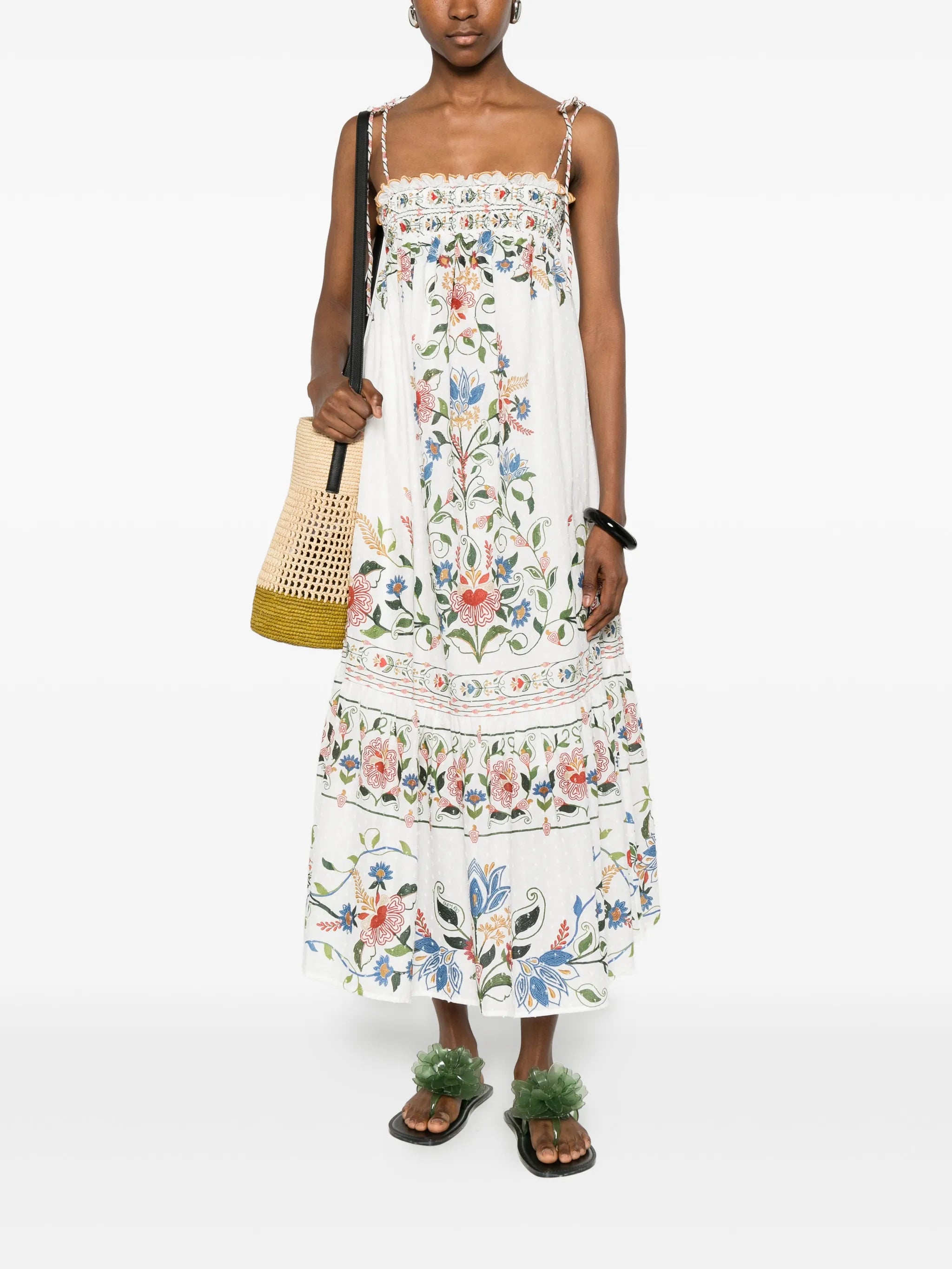 Stiched Garden floral-embroidered tiered midi dress