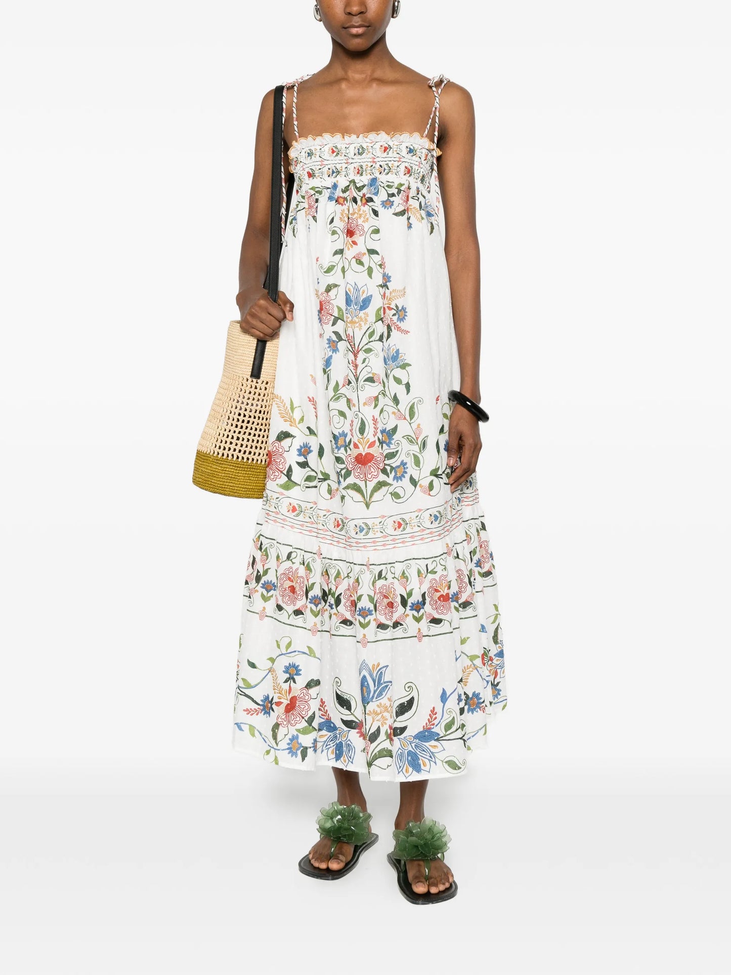 Stiched Garden floral-embroidered tiered midi dress