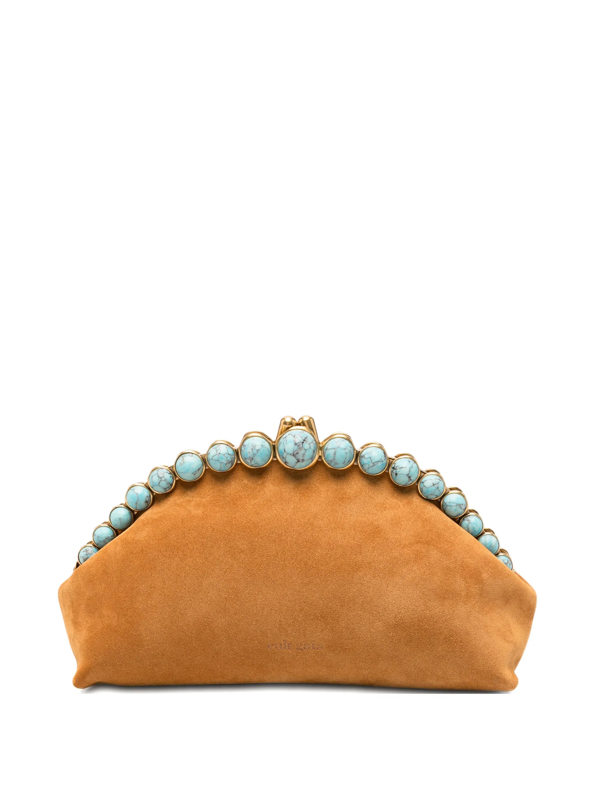 Una stone-embellished suede clutch bag